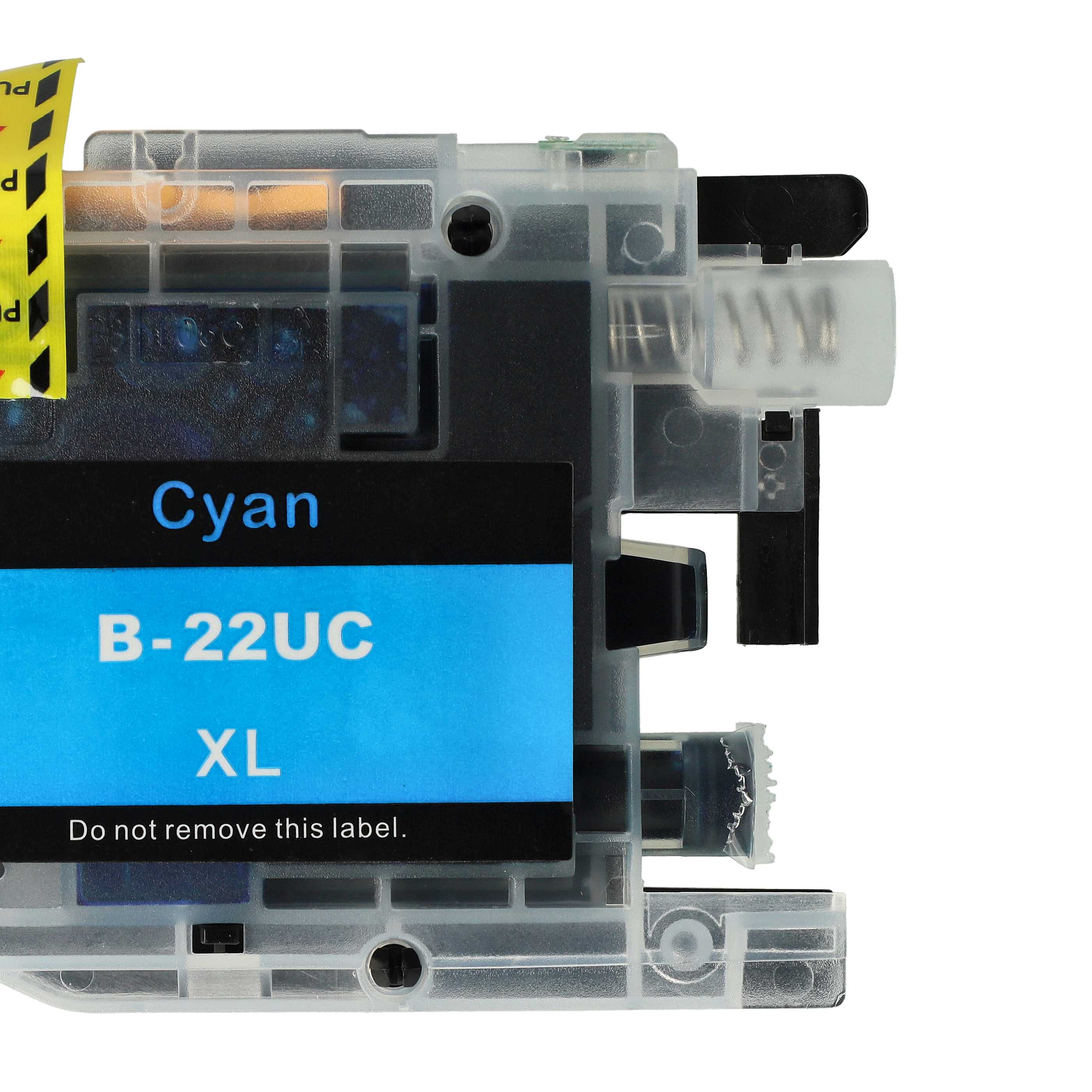 Nahaufnahme einer cyanfarbenen Tintenpatrone mit der Bezeichnung B-22UC XL. Sie hat einen gelben Zuglasche und transparentem Kunststoff.