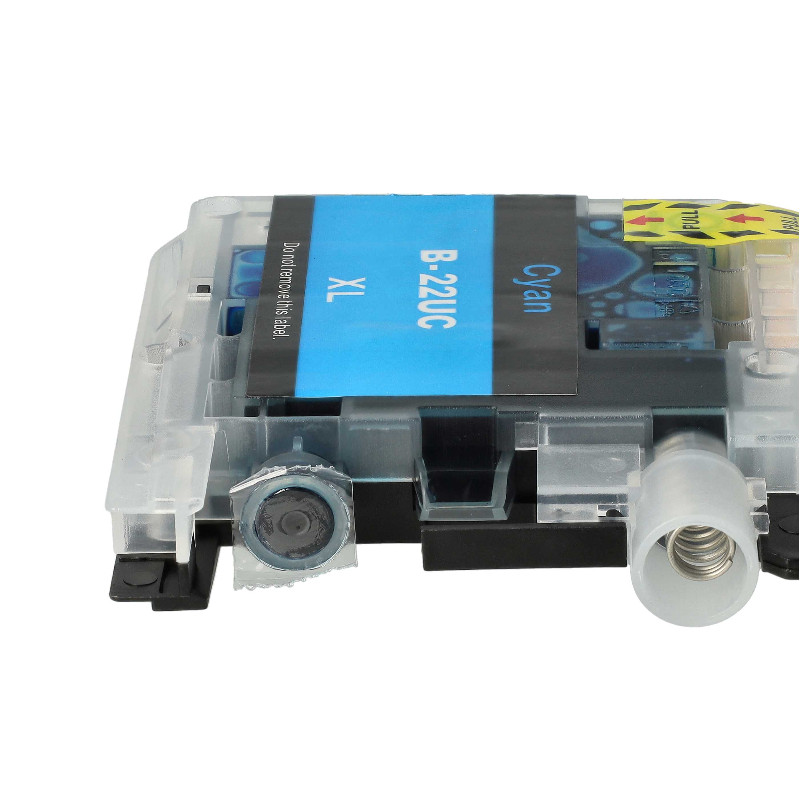 Cyan-Tintenpatrone. Sie hat blaue Tinte, eine gelbe Zuglasche und ein Warnetikett. Die Patrone ist mit B-22UC, XL beschriftet.