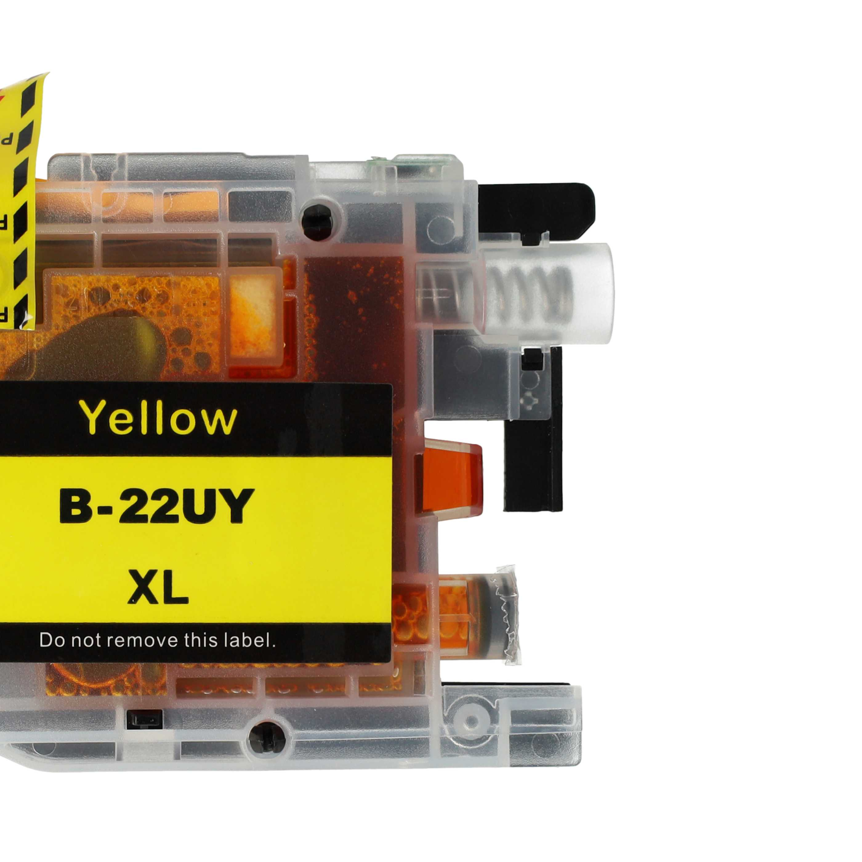 Eine gelbe Tintenpatrone mit der Aufschrift 'Yellow B-22UY XL'. Sie hat klare Kunststoffteile und orange Tinte.