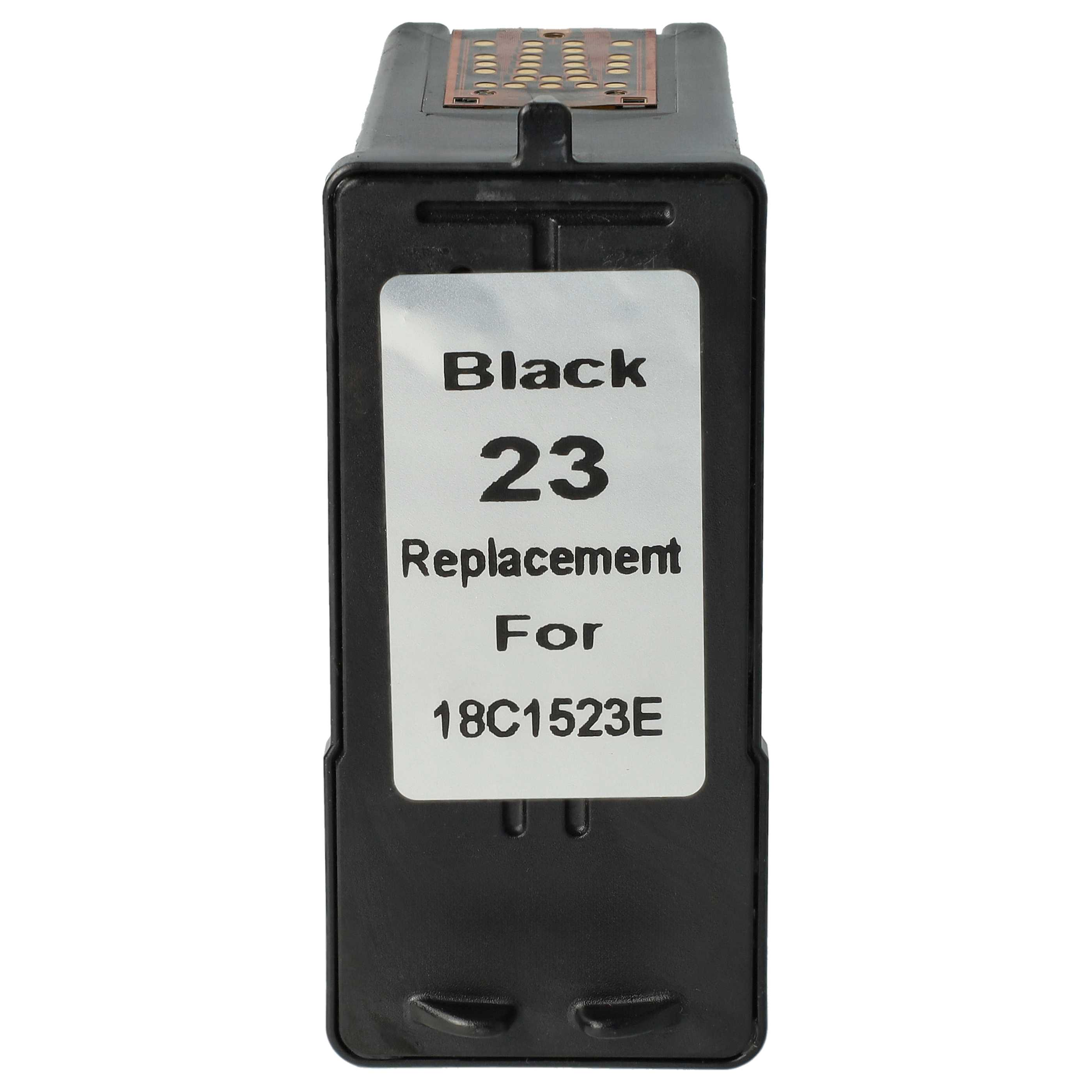 Schwarze Tintenpatrone mit weißem Etikett. Auf dem Etikett steht 'Black 23 Replacement For 18C1523E'.