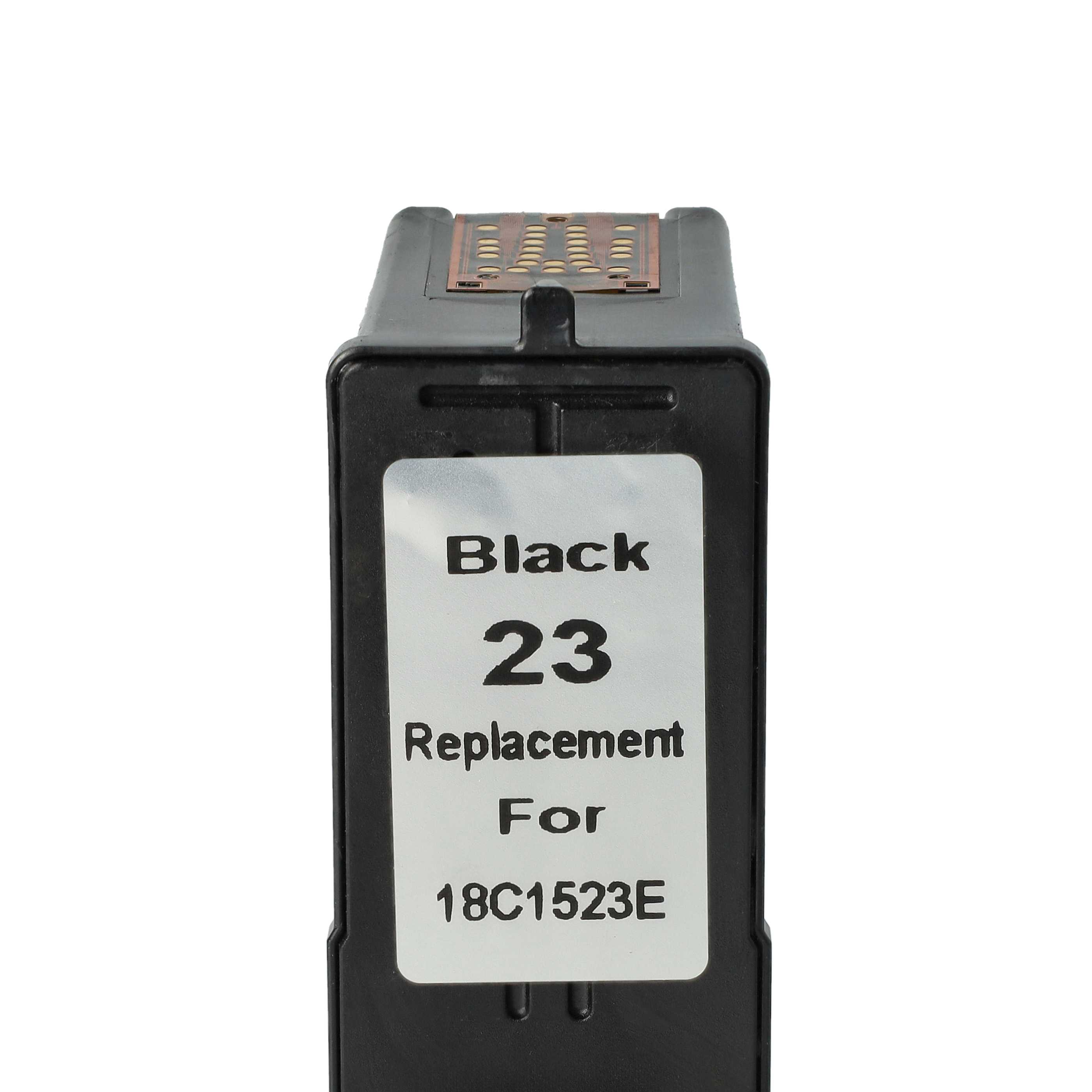 Eine schwarze Tintenpatrone mit weißem Etikett. Auf dem Etikett steht 'Black 23 Replacement For 18C1523E'.