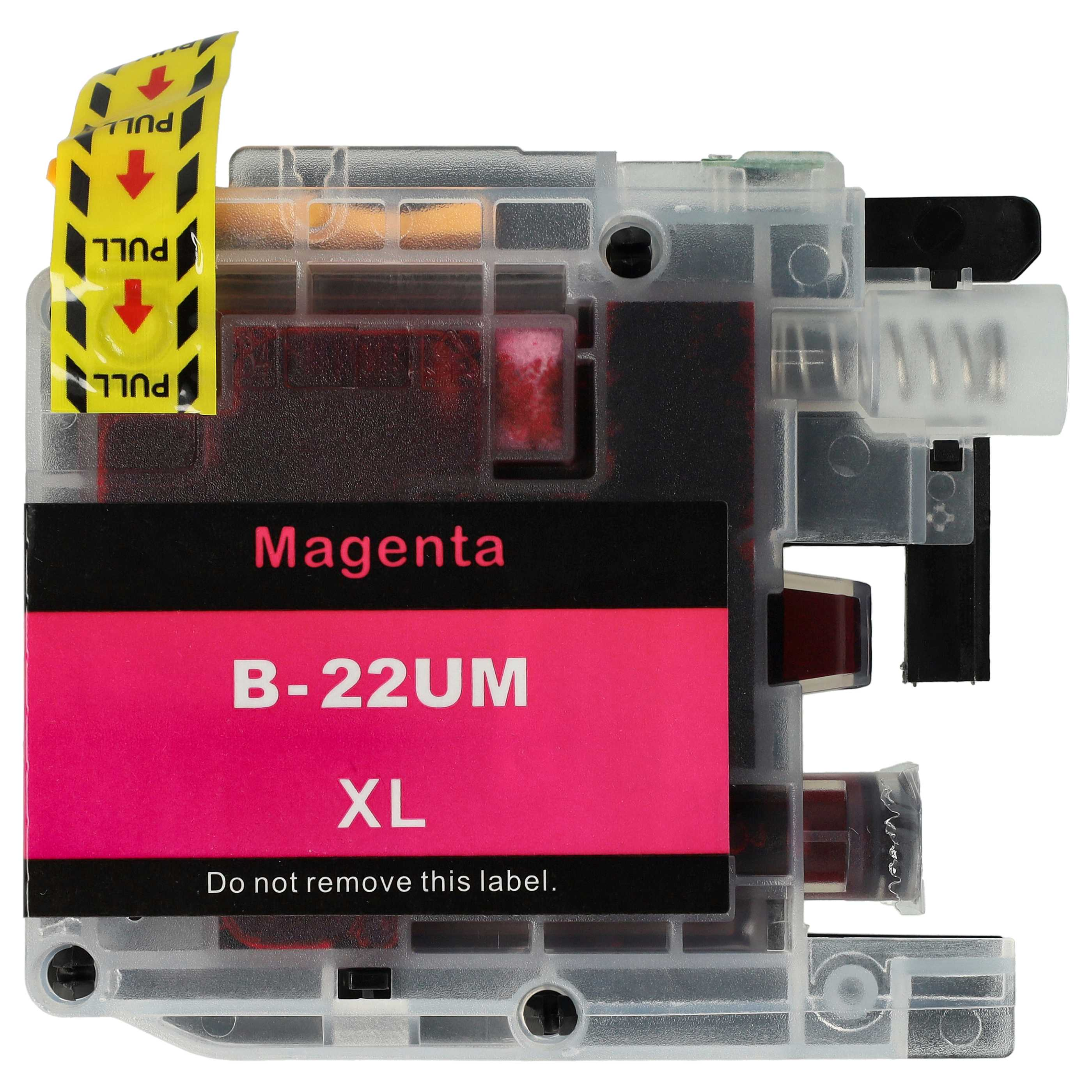 Eine Tintenpatrone mit einem Etikett für magenta Tinte. Ein gelbes "Pull"-Register ist angebracht. Der Text lautet: Magenta, B-22UM XL.