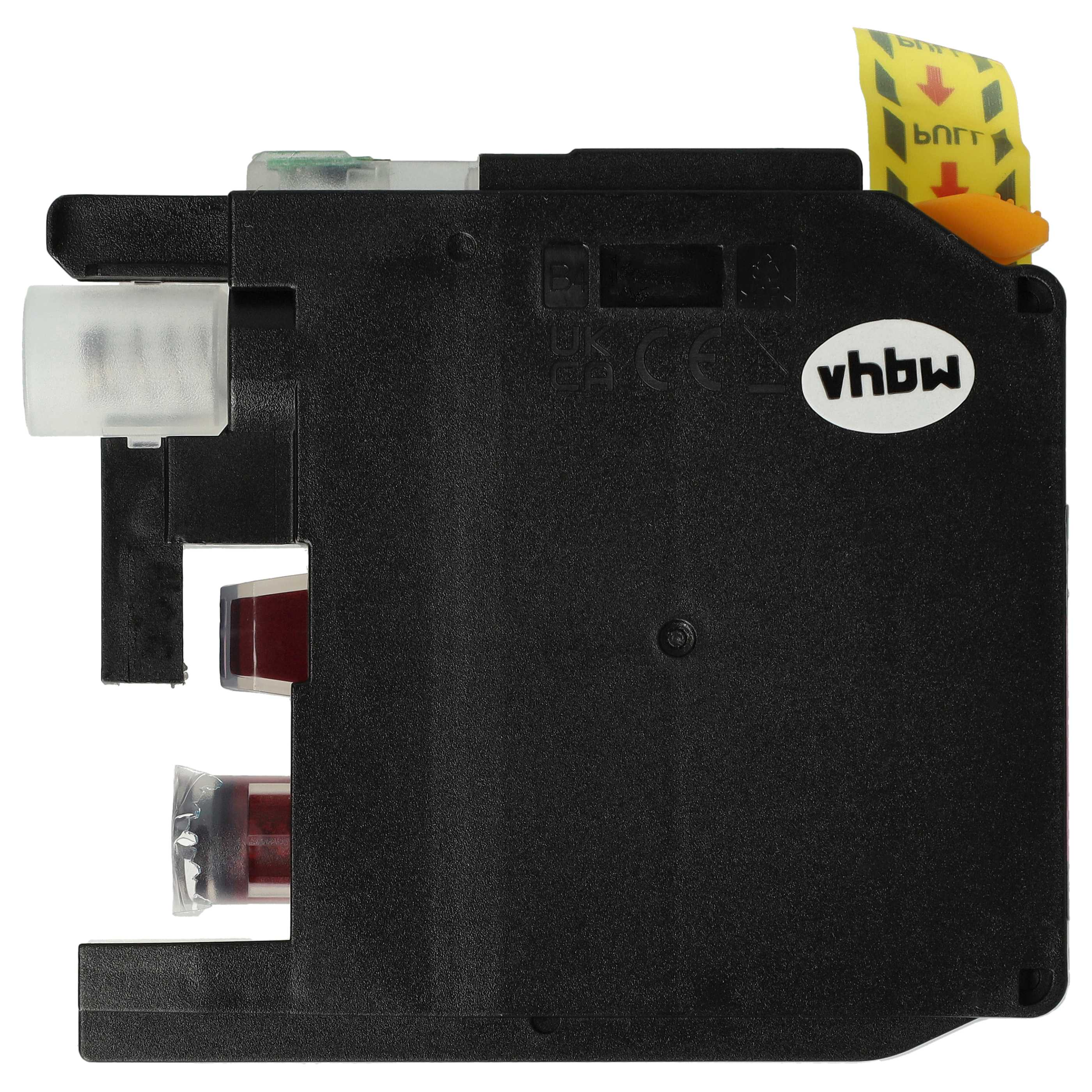 Schwarze elektrische Komponente mit klaren und roten Teilen. Es hat einen gelben Aufkleber mit Pfeilen.