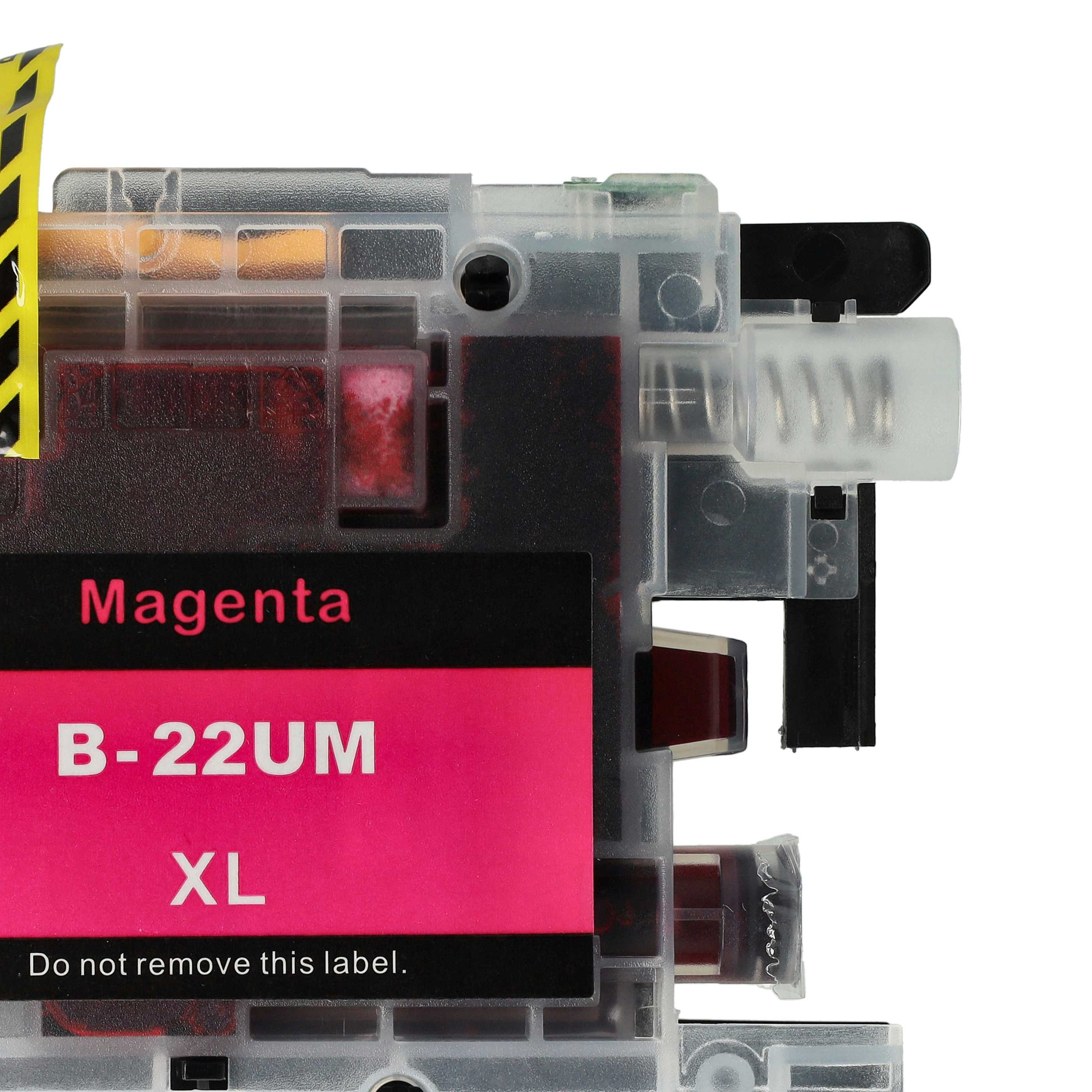 Eine magenta Tintenpatrone mit pinkfarbenem Etikett. Es steht 'Magenta', 'B-22UM XL' und 'Do not remove this label'.