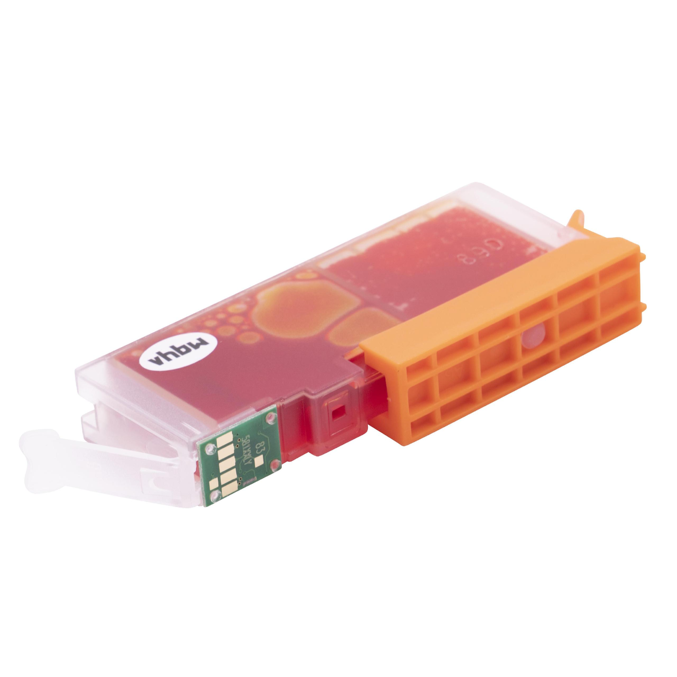 Tintenpatrone mit roter Tinte und orangefarbenem Kunststoffanschluss auf weißem Hintergrund.