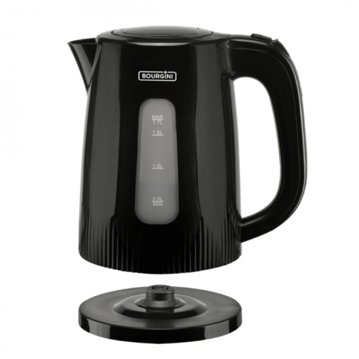Hervidor eléctrico negro con base desmontable. Tiene un indicador de nivel de agua y un asa. La marca es Bourgini.