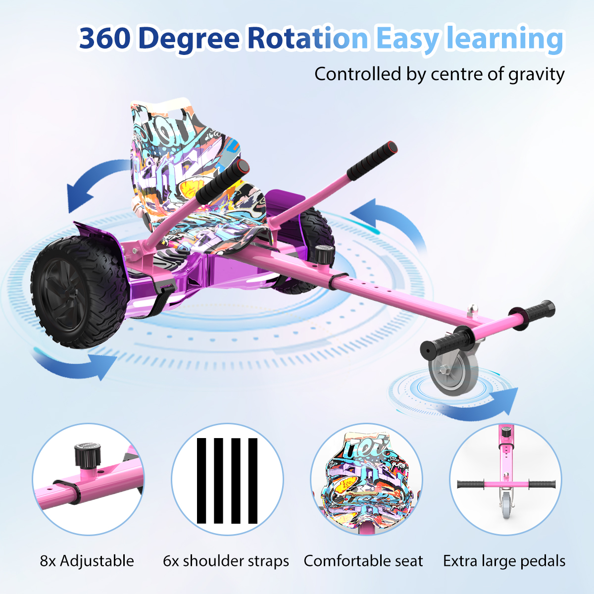Różowy gokart z czarnymi kołami i uchwytami. Ma siedzenie pokryte graffiti i jest reklamowany jako łatwy do nauczenia i obrotowy o 360 stopni.