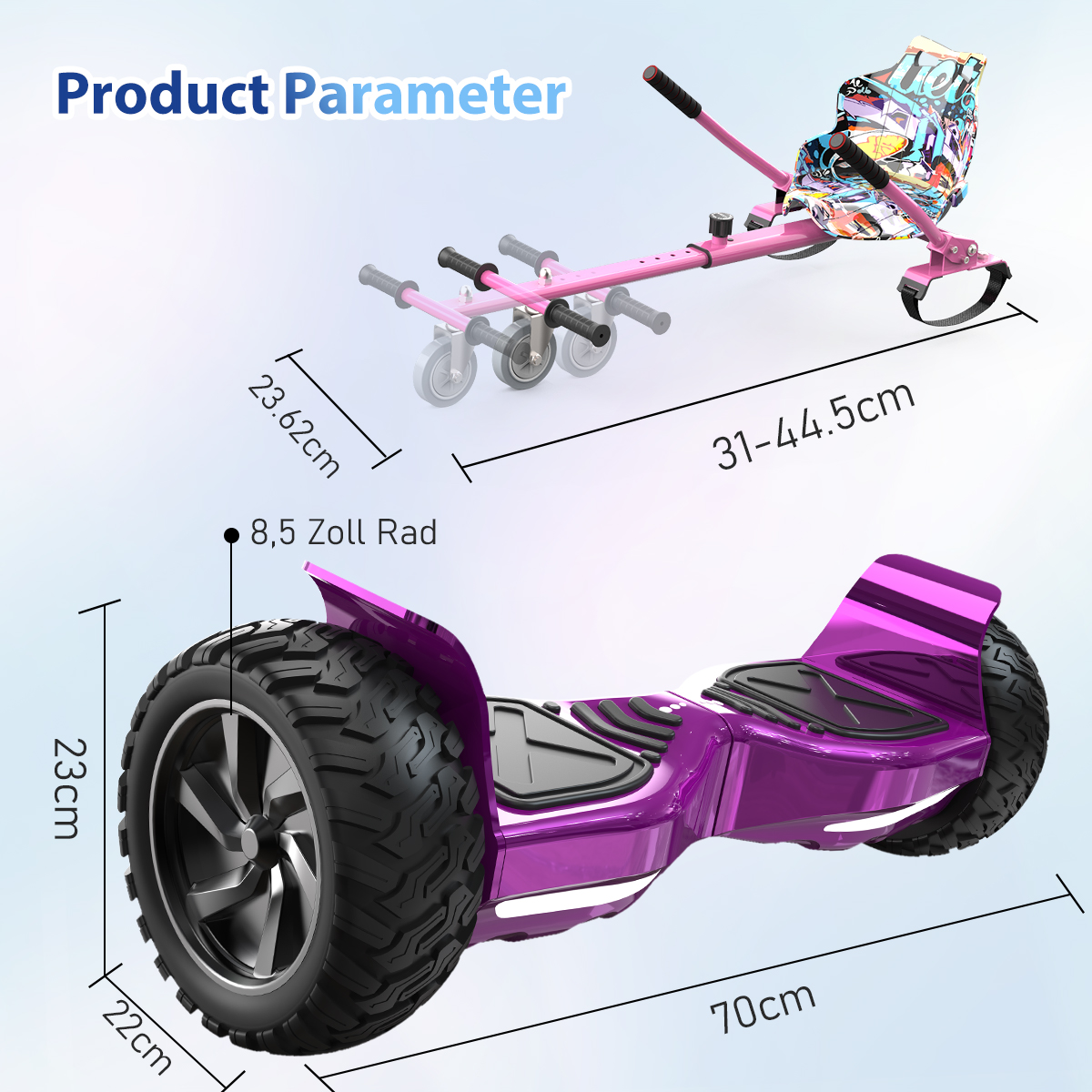 Obraz pokazuje dwa rodzaje skuterów. Górny jest różowy z siedzeniem. Dolny jest fioletowy z dużymi kołami i wymiarami.