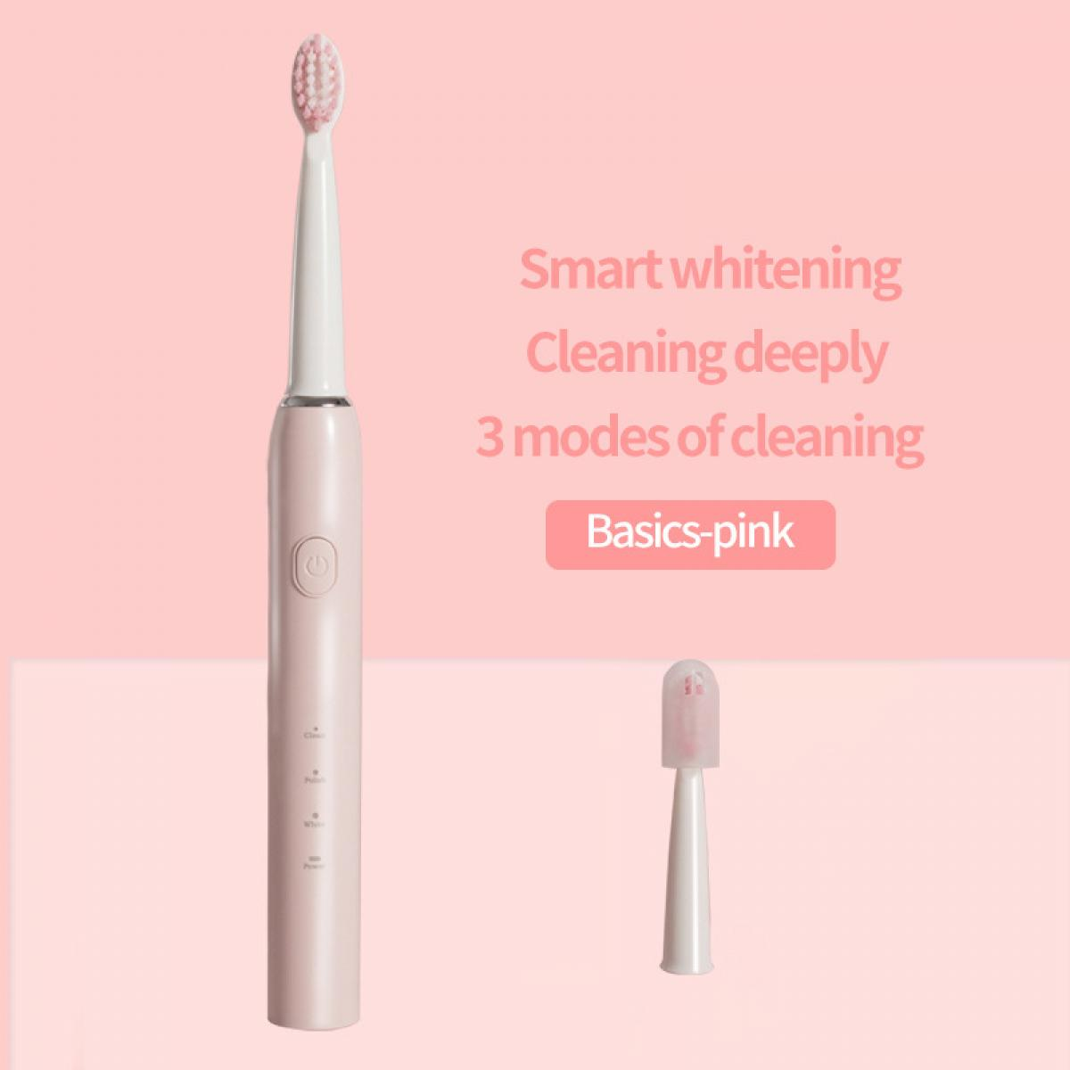 Rosa elektrische Zahnbürste mit zwei Bürstenköpfen auf rosa Hintergrund. Text lautet: 'Smart Whitening, Tiefenreinigung, 3 Modi'.