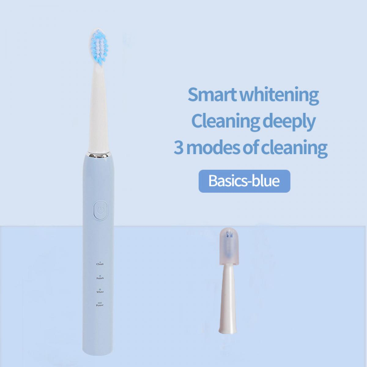 Eine blaue elektrische Zahnbürste mit weißem Kopf und einem Ersatzkopf. Text: Smart Whitening, Deep Cleaning, 3 Reinigungsmodi, Basics-Blau.