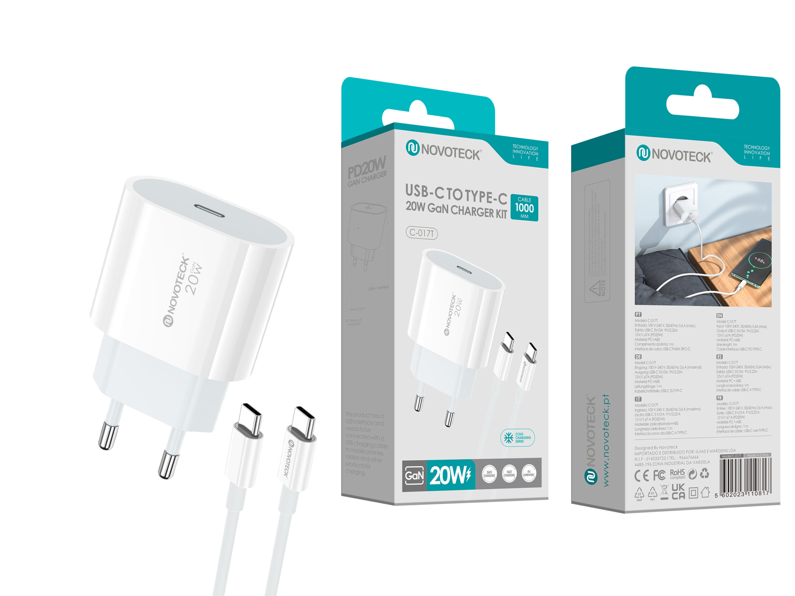 Cargador blanco con cable y embalaje con texto y logotipo. Incluye un cargador en un enchufe de pared.