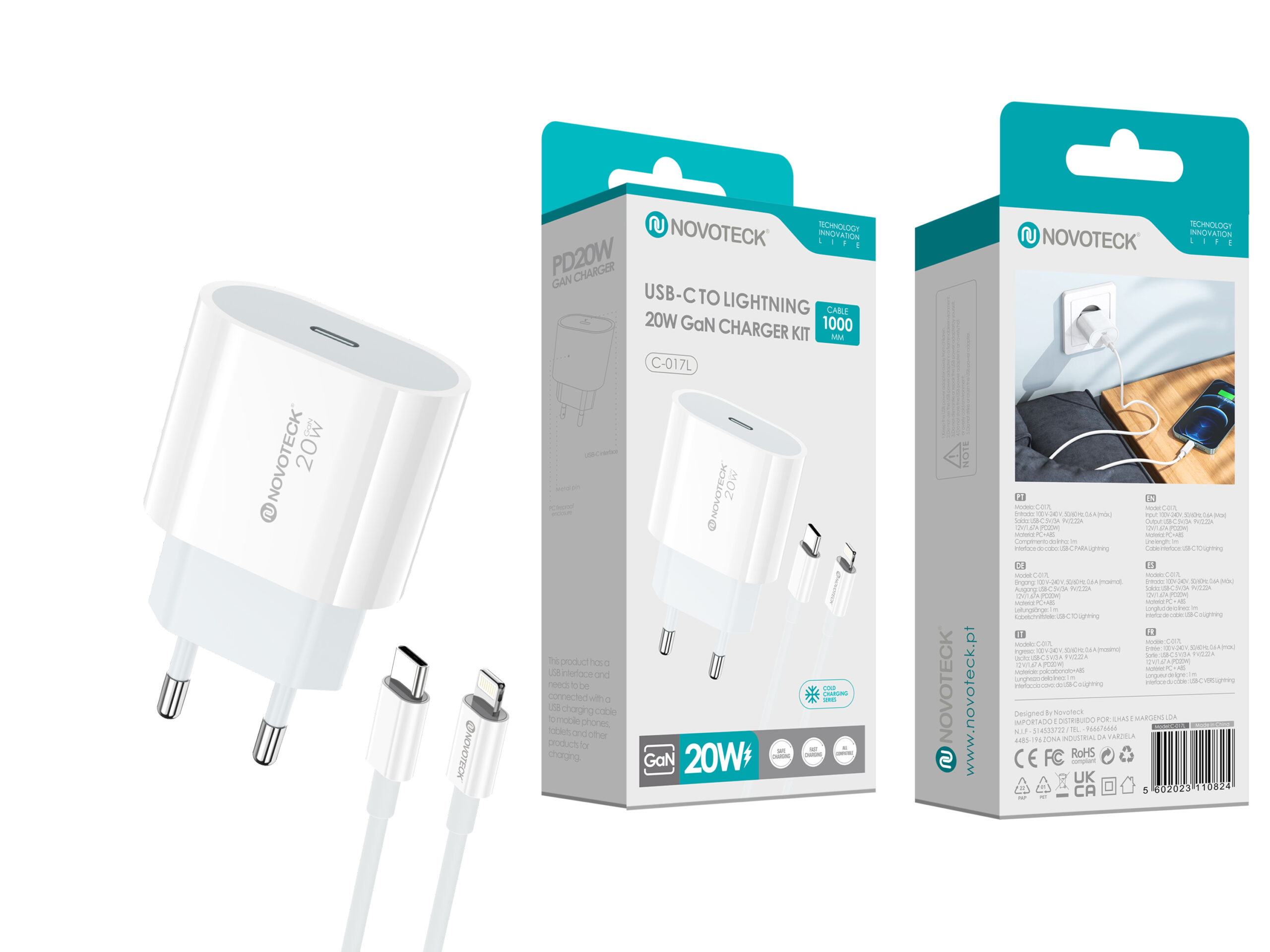 Kit de cargador Novoteck blanco con cable, texto negro. Cajas con imágenes y especificaciones del cargador.