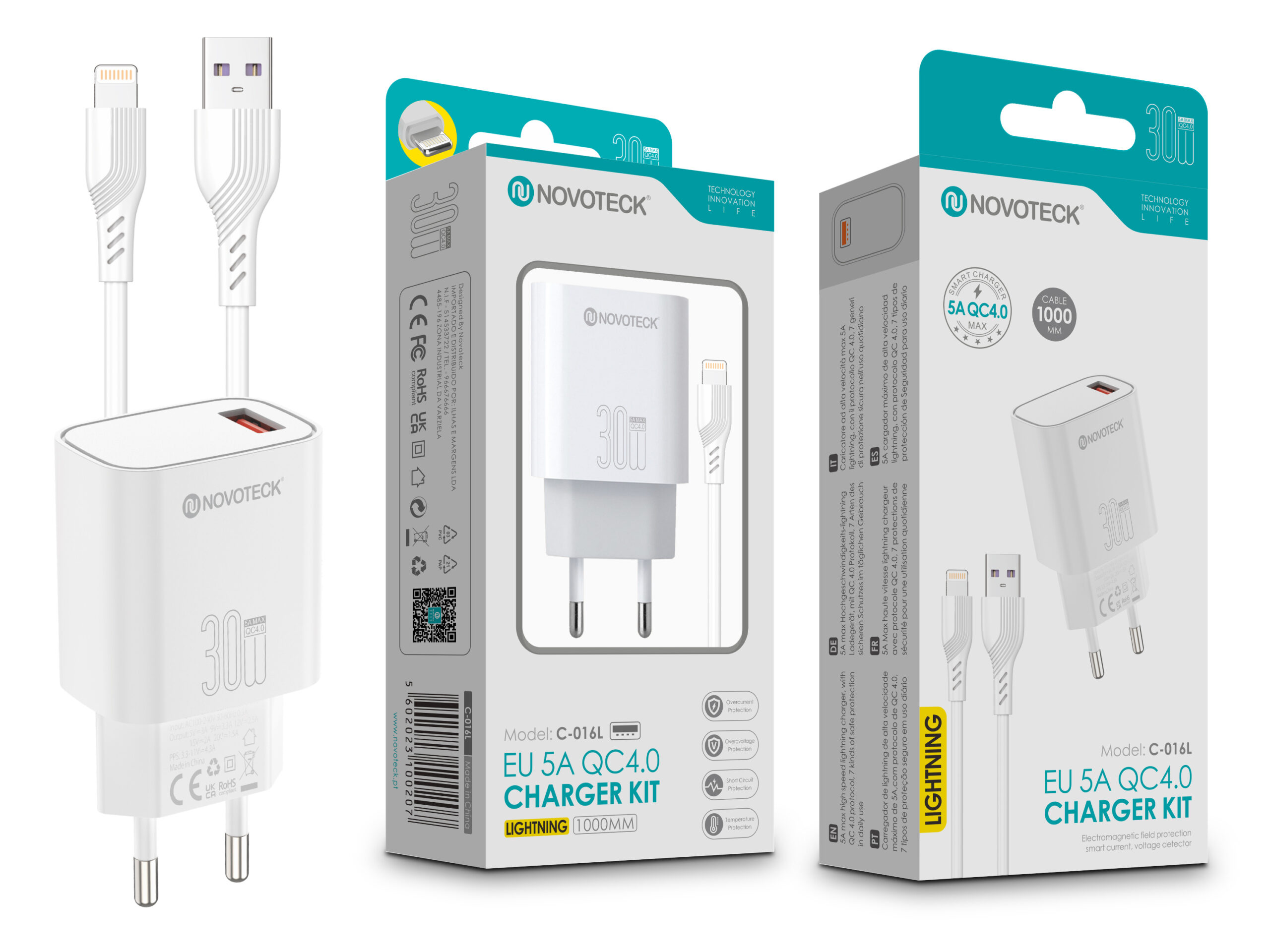 Un kit de cargador blanco con un ladrillo de carga y un cable Lightning, en una caja blanca y verde azulado.