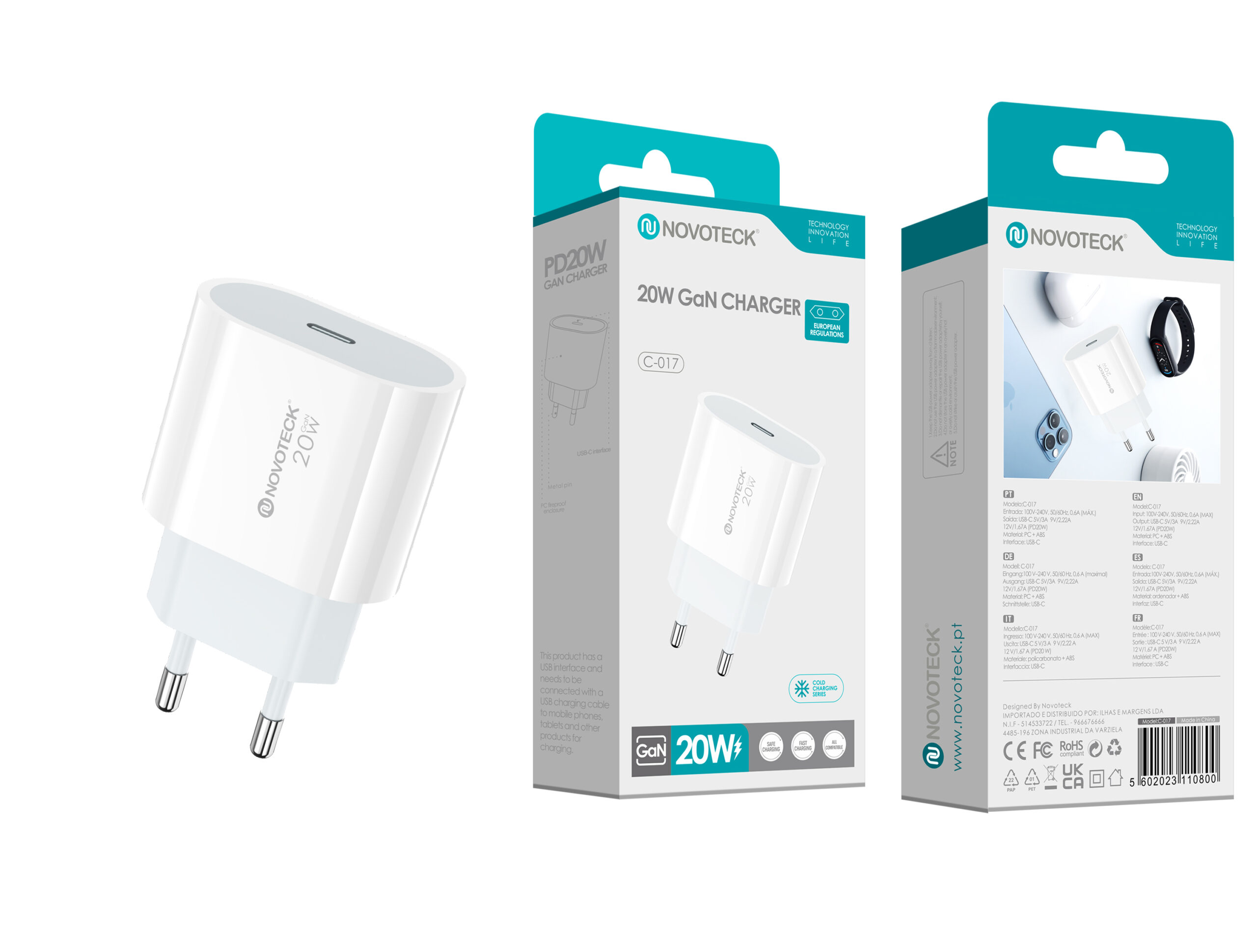Un cargador Novoteck 20W GaN blanco con puerto USB-C, exhibido con su embalaje.