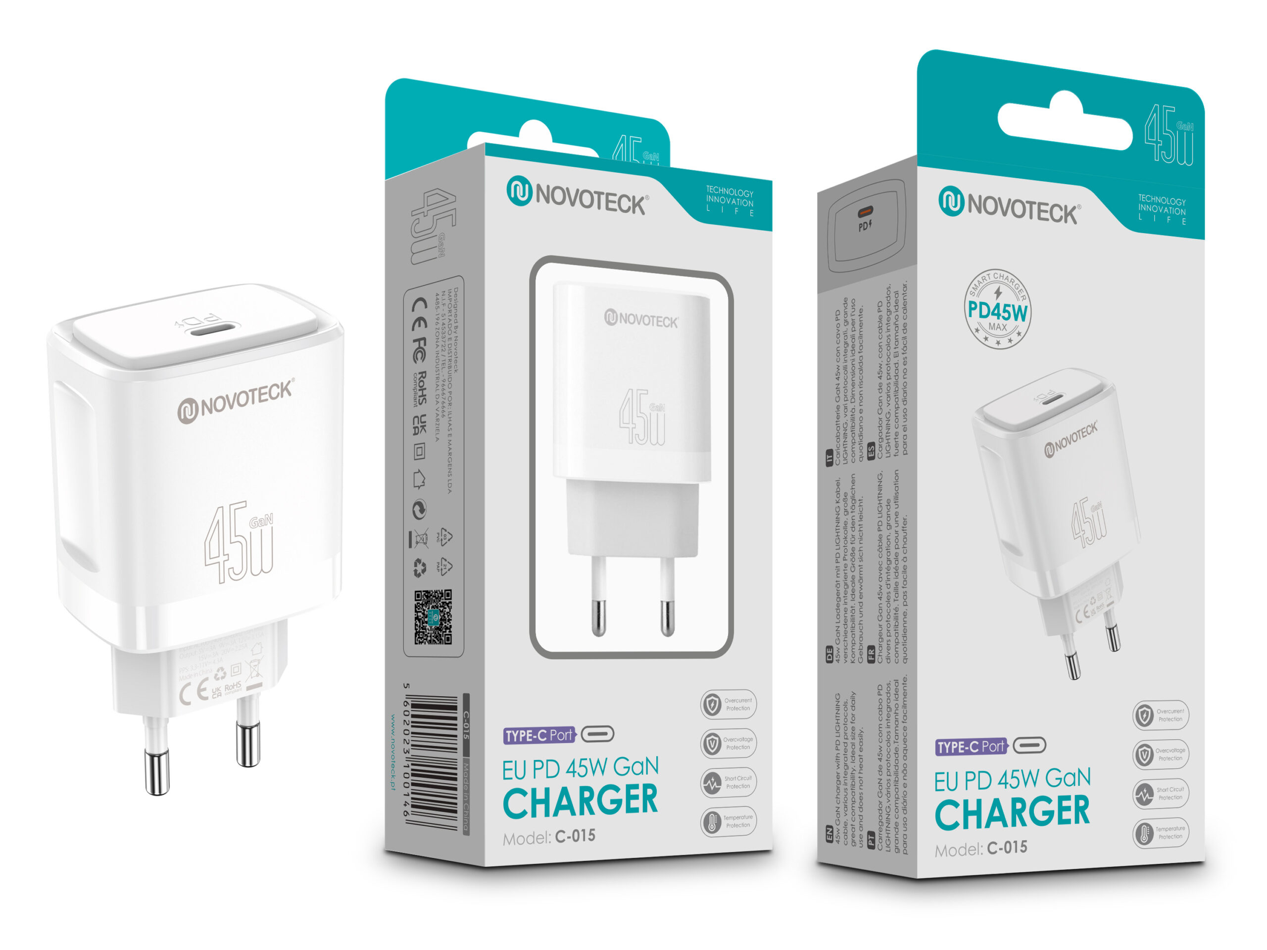 Cargador GaN Novoteck 45W blanco con embalaje. Se ven el cargador y la caja con marca y detalles.