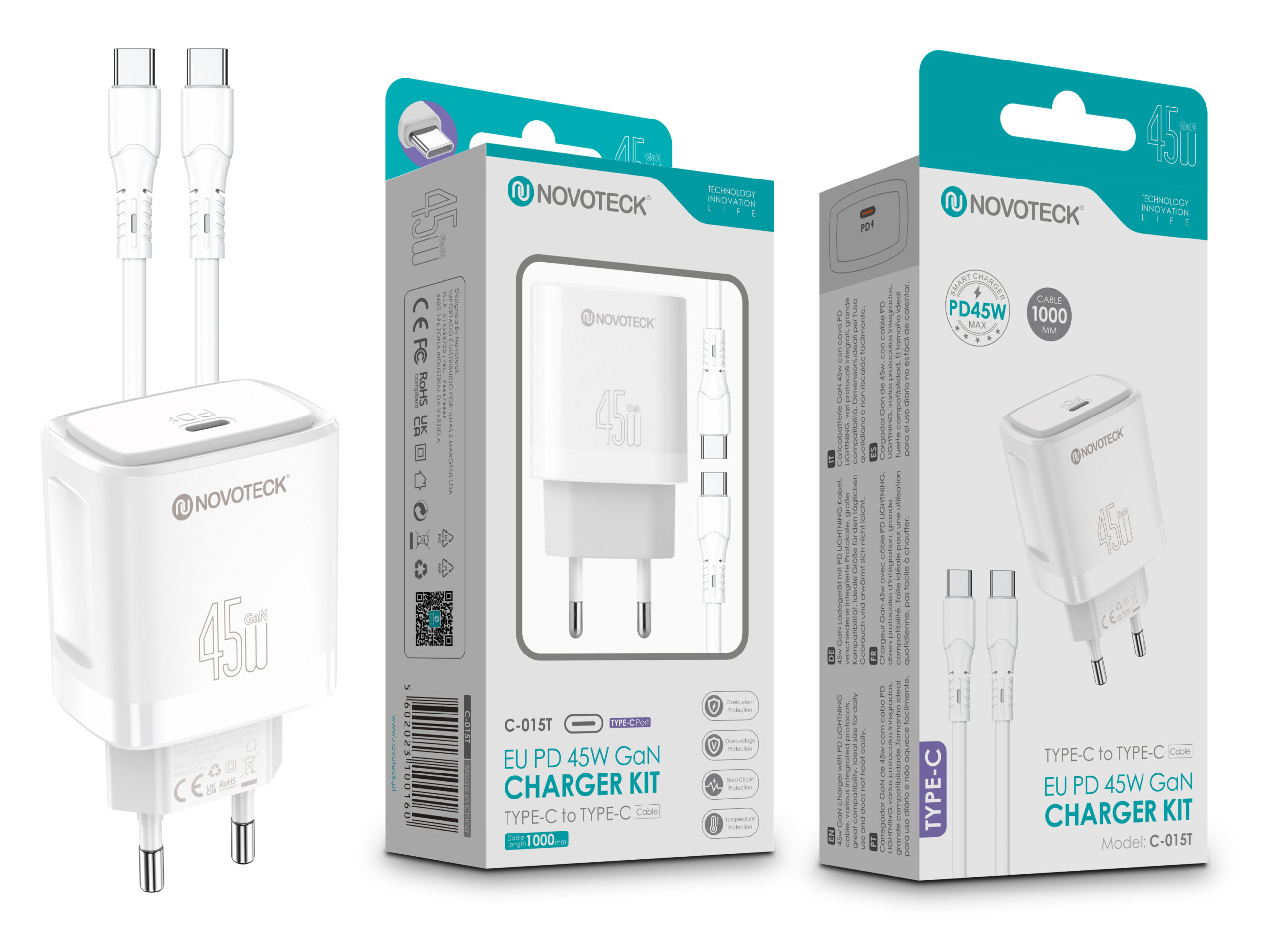 Cargador Novoteck blanco con cable. La caja muestra las especificaciones.