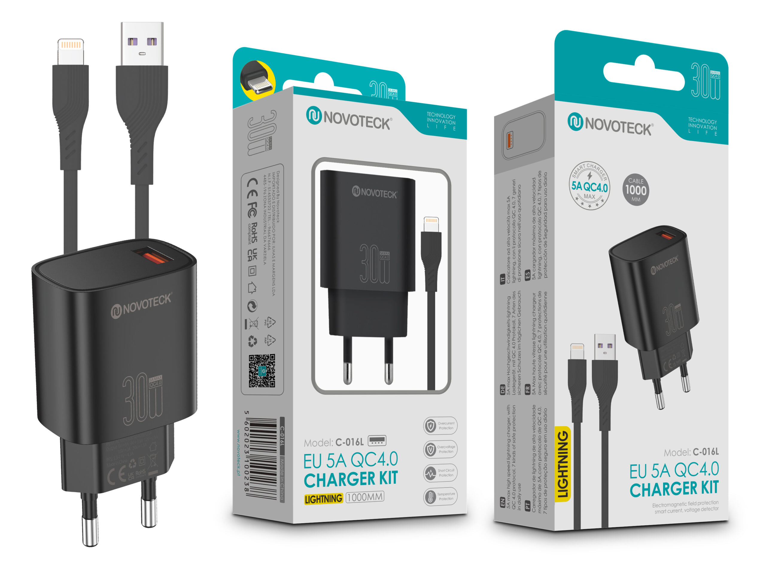 Kit de cargador y cable negro. El cargador está en su caja, con un cable de puerto Lightning conectado.