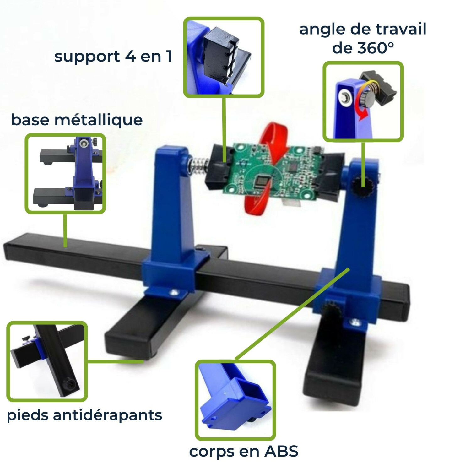 Ein blau-schwarzer 4-in-1-Arbeitsständer, der eine Leiterplatte hält. Merkmale umfassen eine Metallbasis, 360-Grad-Winkelverstellung und ABS-Gehäuse.