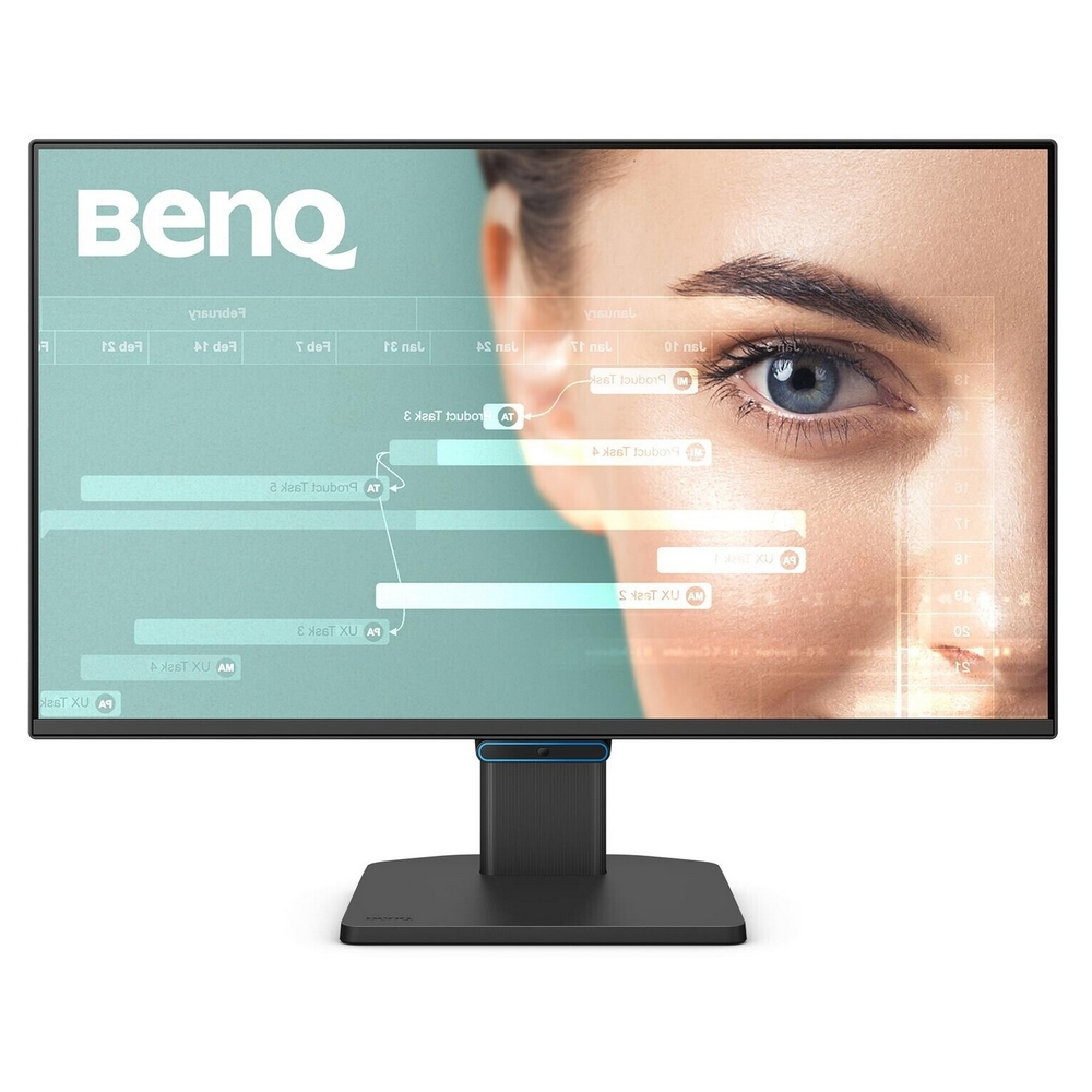Un monitor mostra l'occhio di una donna con iride blu. Lo schermo mostra linee e il logo BenQ. Il monitor ha un supporto nero.