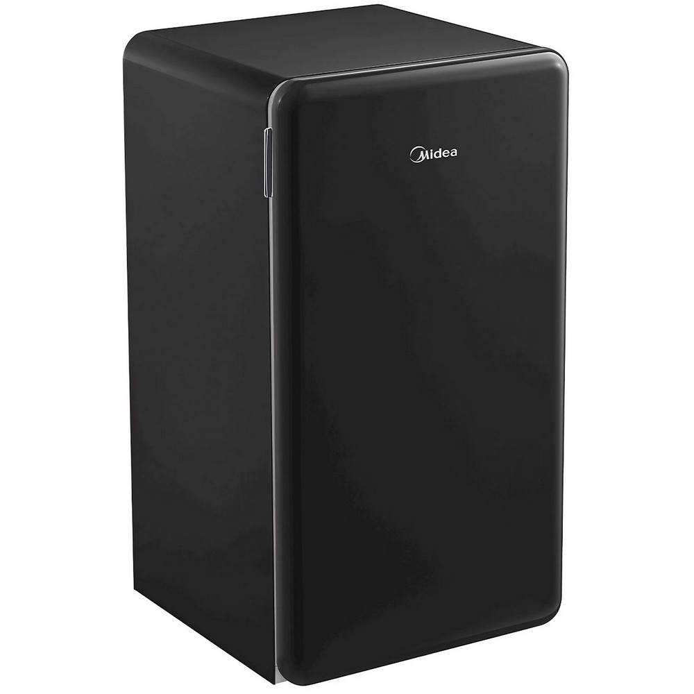 Un mini-frigorifero Midea nero. Ha la parte superiore e la porta arrotondate, con il logo Midea sulla porta.