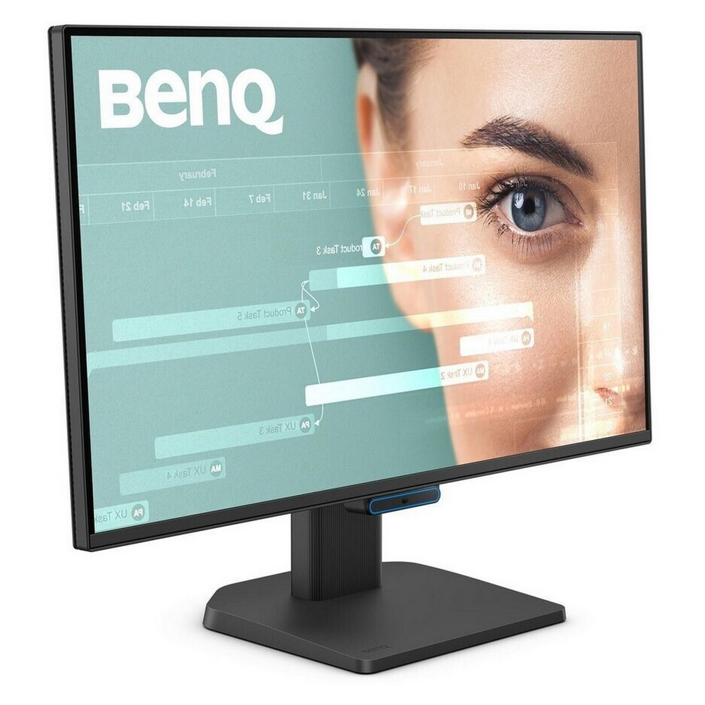 Un monitor di computer mostra l'occhio di una donna e dati. Il monitor è nero ed è montato su un supporto nero.