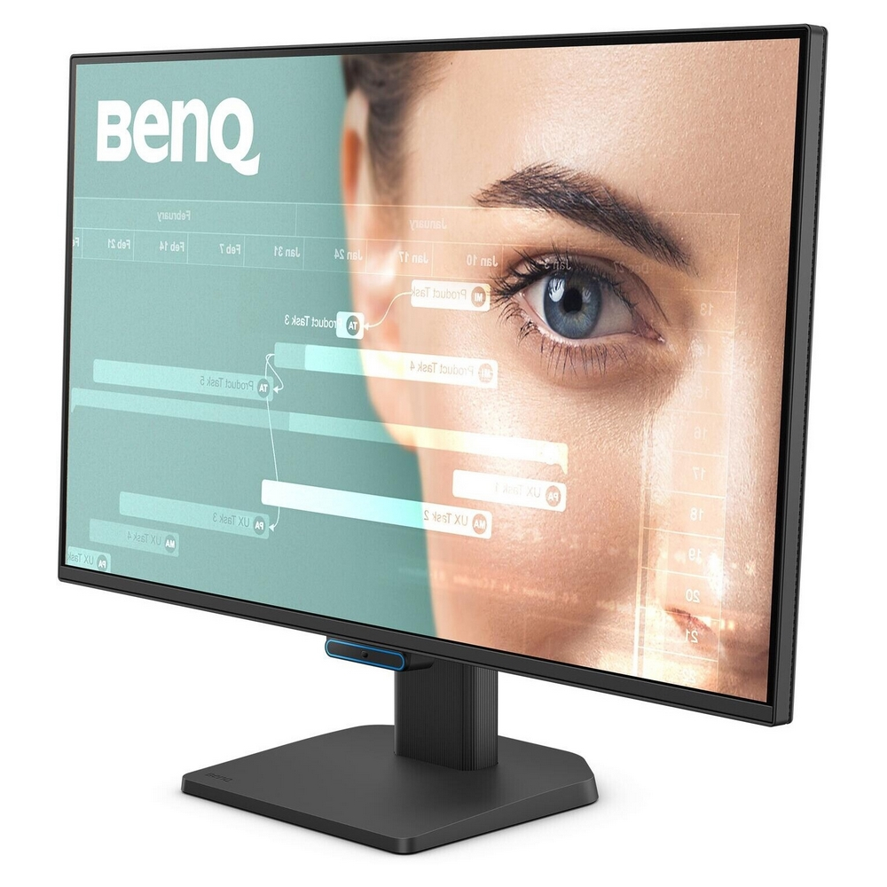 Il monitor BenQ mostra l'occhio di una donna sovrapposto a dati. Ha un supporto nero, una barra blu e uno schermo luminoso.