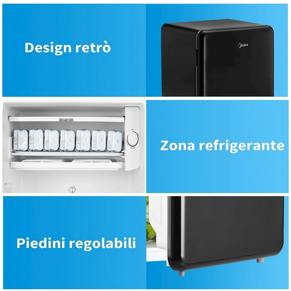 Un mini-frigorifero nero con design retrò, piedini regolabili e zona refrigerata. All'interno, ci sono diversi pacchi bianchi sugli scaffali.
