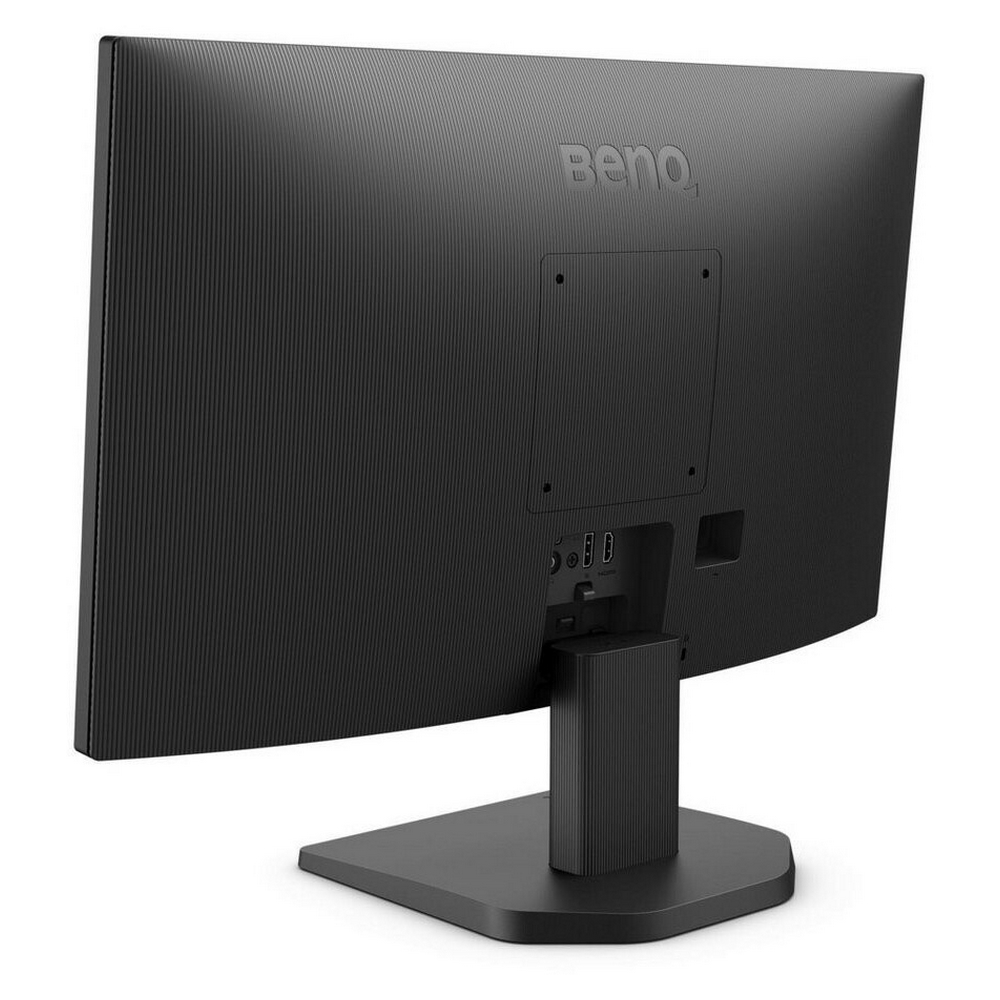 Un monitor BenQ nero è mostrato dal retro. Ha un supporto, più porte e il logo BenQ. Lo sfondo è bianco.