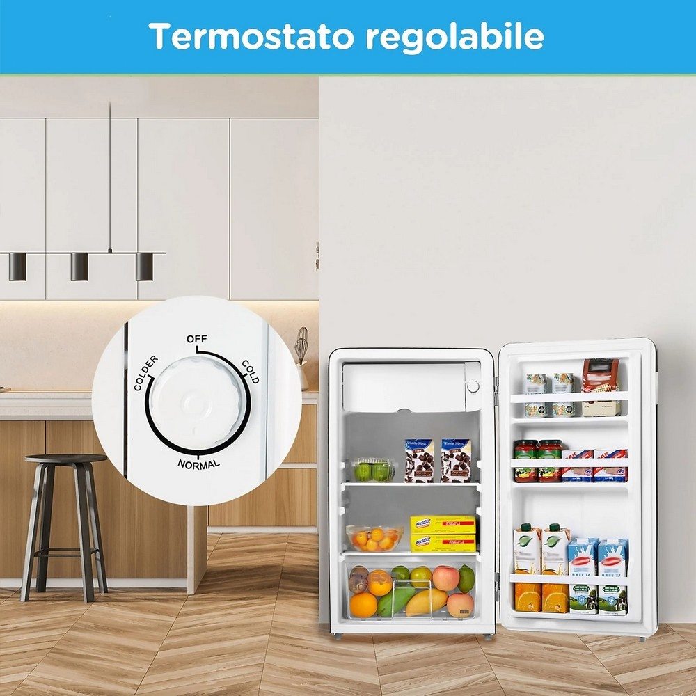 Un piccolo frigorifero con la porta aperta. Il frigorifero è pieno di cibo. Un primo piano del quadrante del termostato è a sinistra.