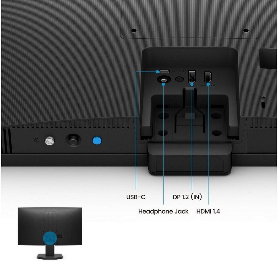 Vista posteriore di un monitor nero. Porte: USB-C, DP 1.2 (IN), HDMI 1.4 e jack per cuffie. Immagine più piccola del monitor in basso.
