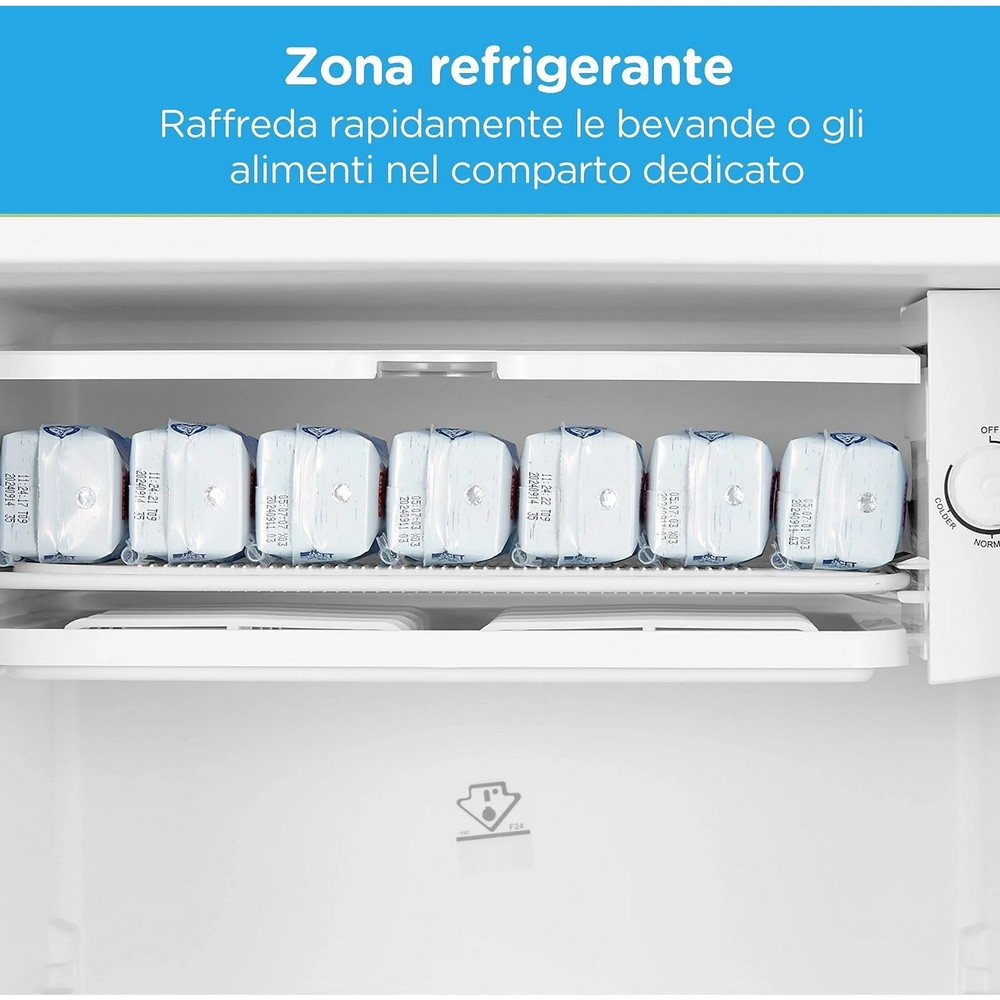 Interno del frigorifero con diversi pacchi bianchi sugli scaffali. Il testo in alto dice 'zona di raffreddamento' in italiano, suggerendo la conservazione degli alimenti.