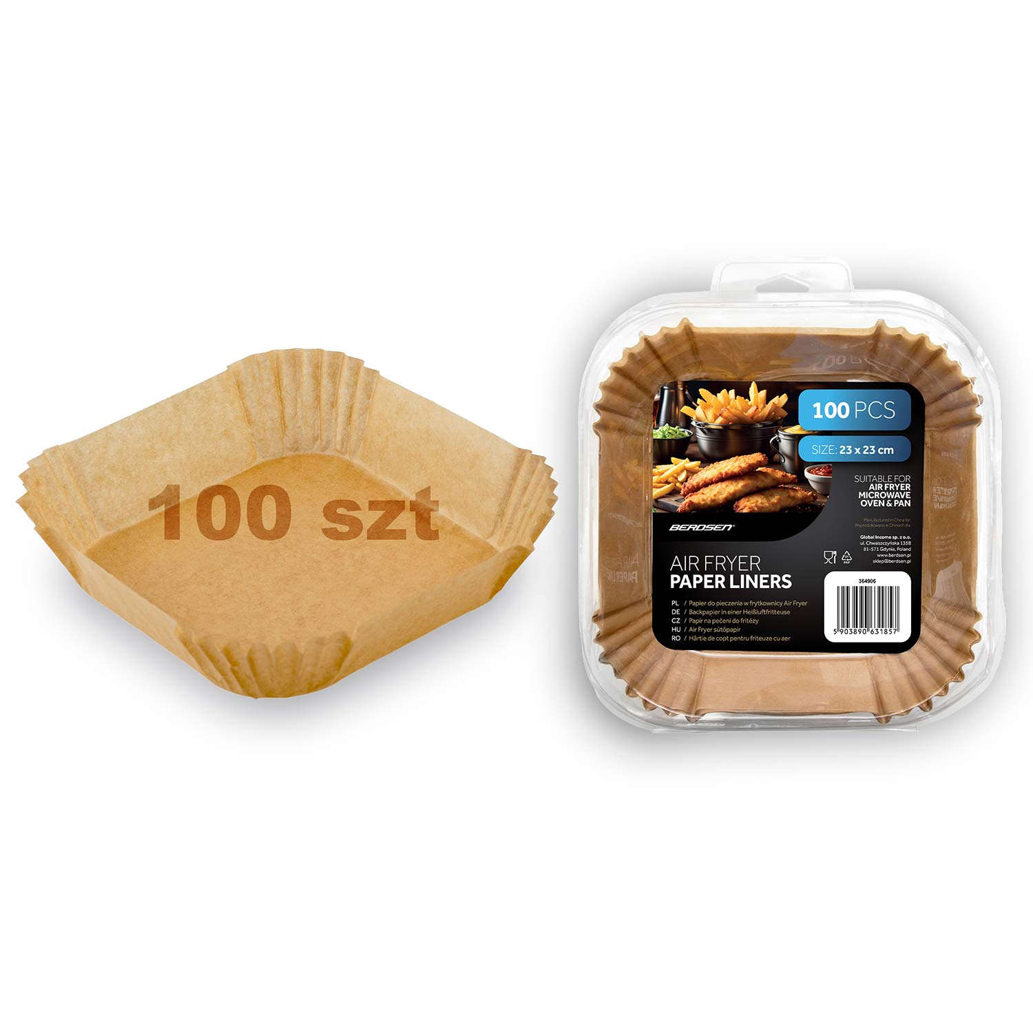 Opakowanie 100 papierowych wkładów do frytkownicy powietrznej. Pojedynczy wkład jest wyświetlany obok opakowania. Brązowy kolor.