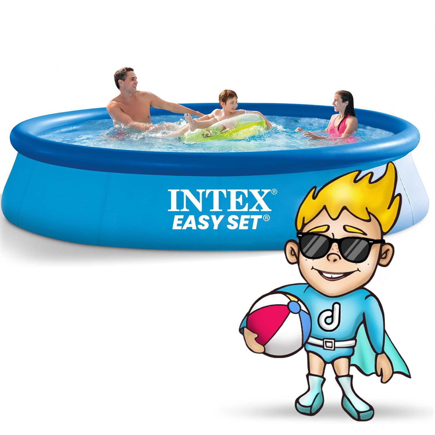 Rodzina w niebieskim basenie Intex. Kreskówkowy superbohater trzyma piłkę plażową na pierwszym planie. Logo: INTEX EASY SET.