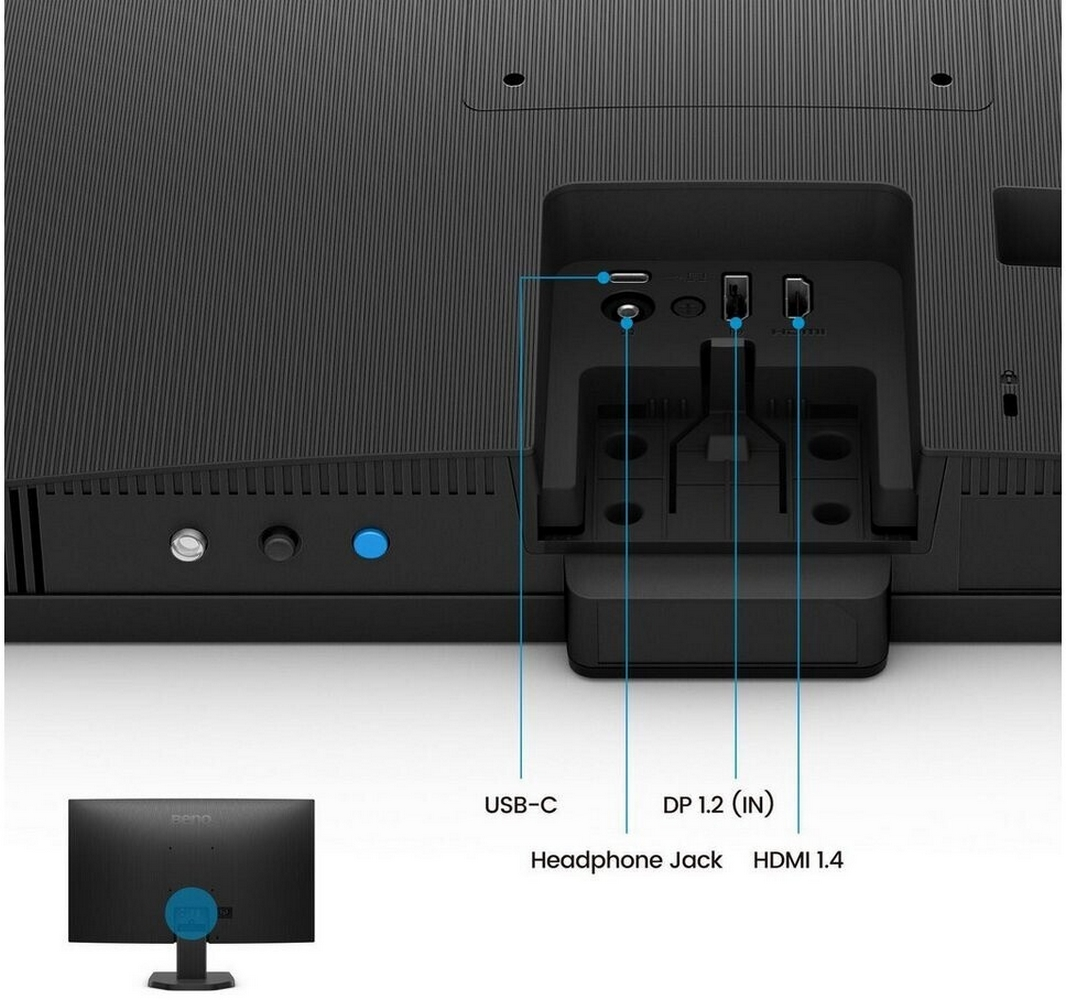 Rear view of a black monitor showing ports: USB-C, DP 1.2, HDMI 1.4, headphone jack. A smaller monitor image is at the bottom.