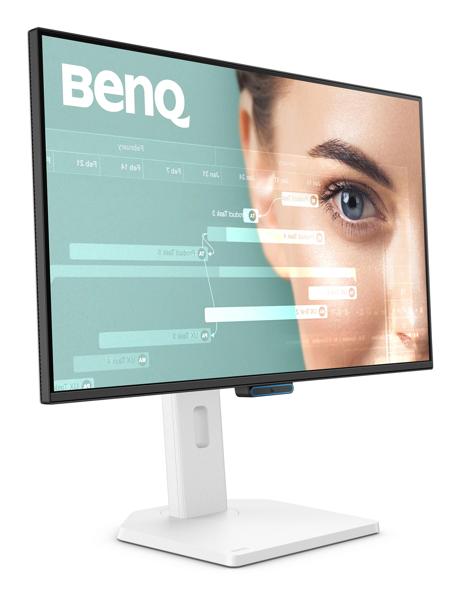 A BenQ monitor displays a face overlay, blue eye, and text. The monitor is on a white stand. The screen has a blue hue.