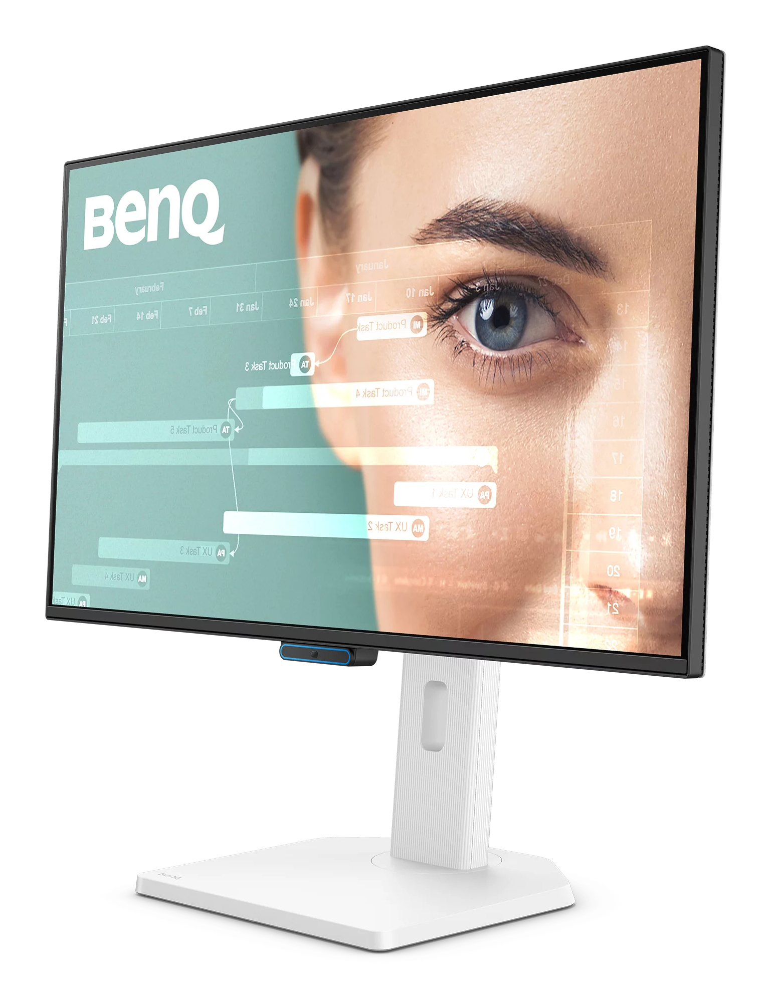 A computer monitor displays a woman's eye and data. The monitor is white and black, with a white stand. The BenQ logo is visible.