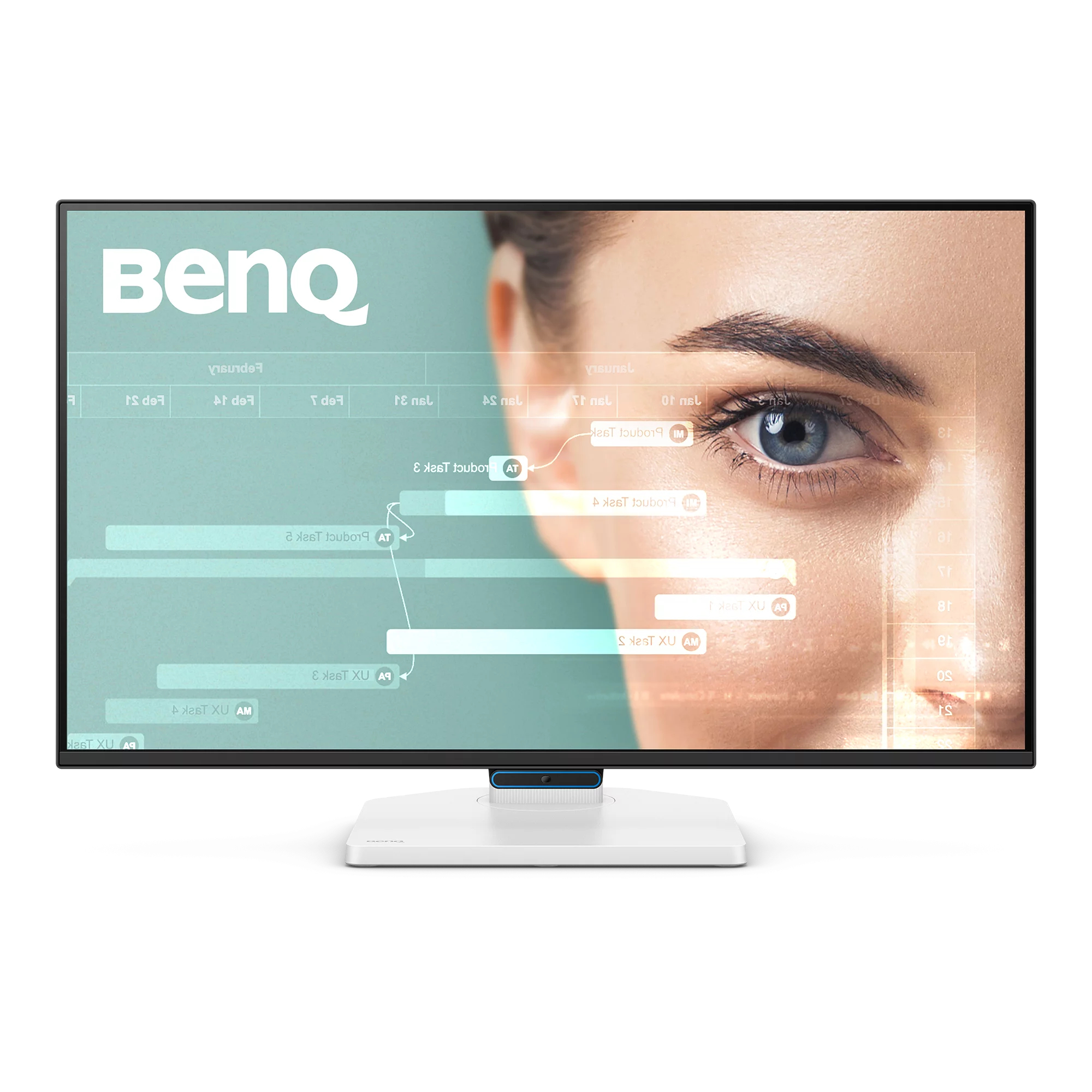 A computer monitor displays a woman's eye and a BenQ logo. The screen shows data visualizations in a teal background.