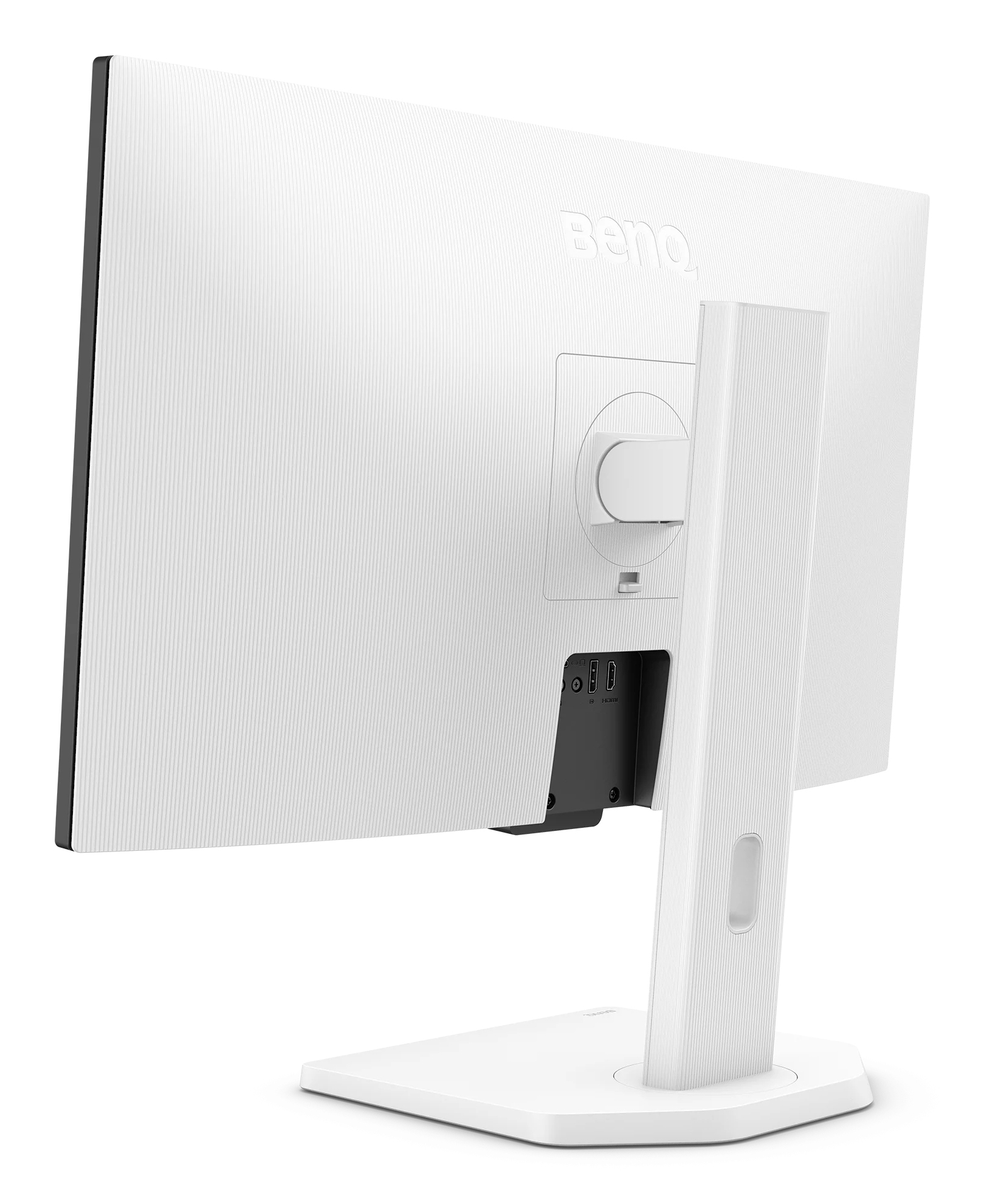 White BenQ monitor, angled view. Features a white stand, textured back panel, and a black bezel.