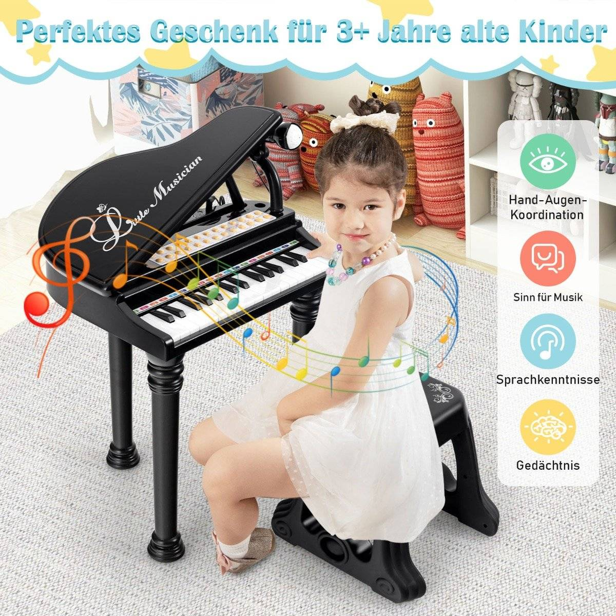Una niña toca un piano de juguete negro. Se sienta en un taburete. El fondo tiene juguetes y texto: regalo perfecto para niños mayores de 3 años.