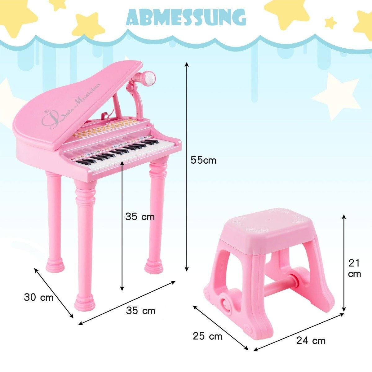 Un juego de piano y taburete de juguete rosa. Se indican las dimensiones, con una altura de piano de 55 cm. La palabra 'ABMESSUNG' está arriba.