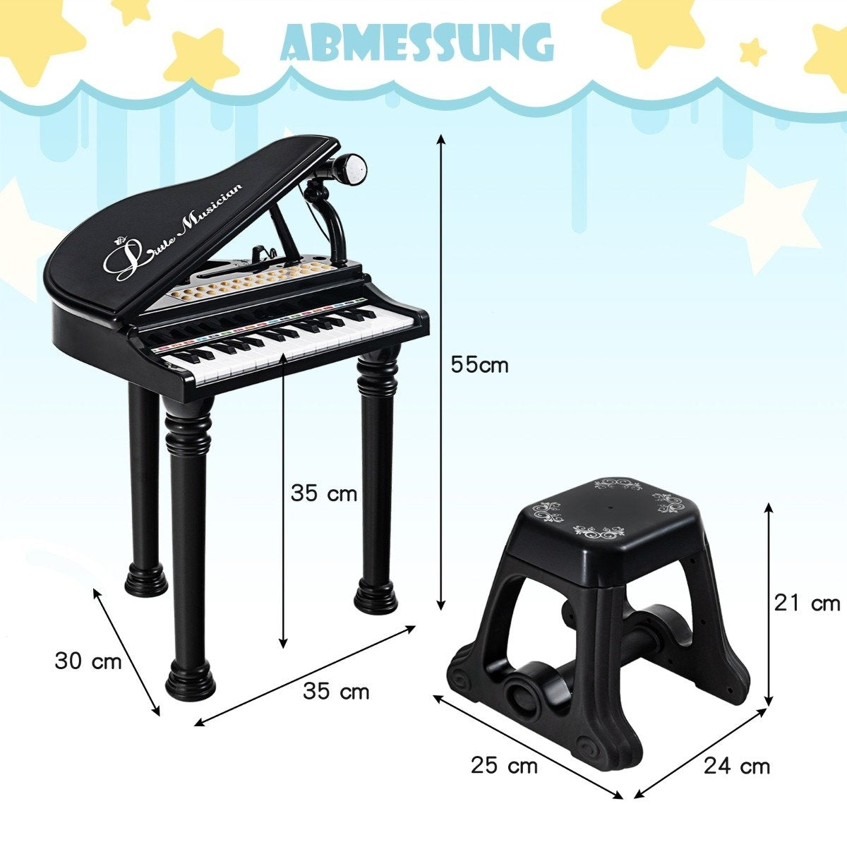 Un piano de juguete con un taburete. El piano es negro con teclas blancas, un micrófono y dimensiones etiquetadas. Un taburete negro está al lado.