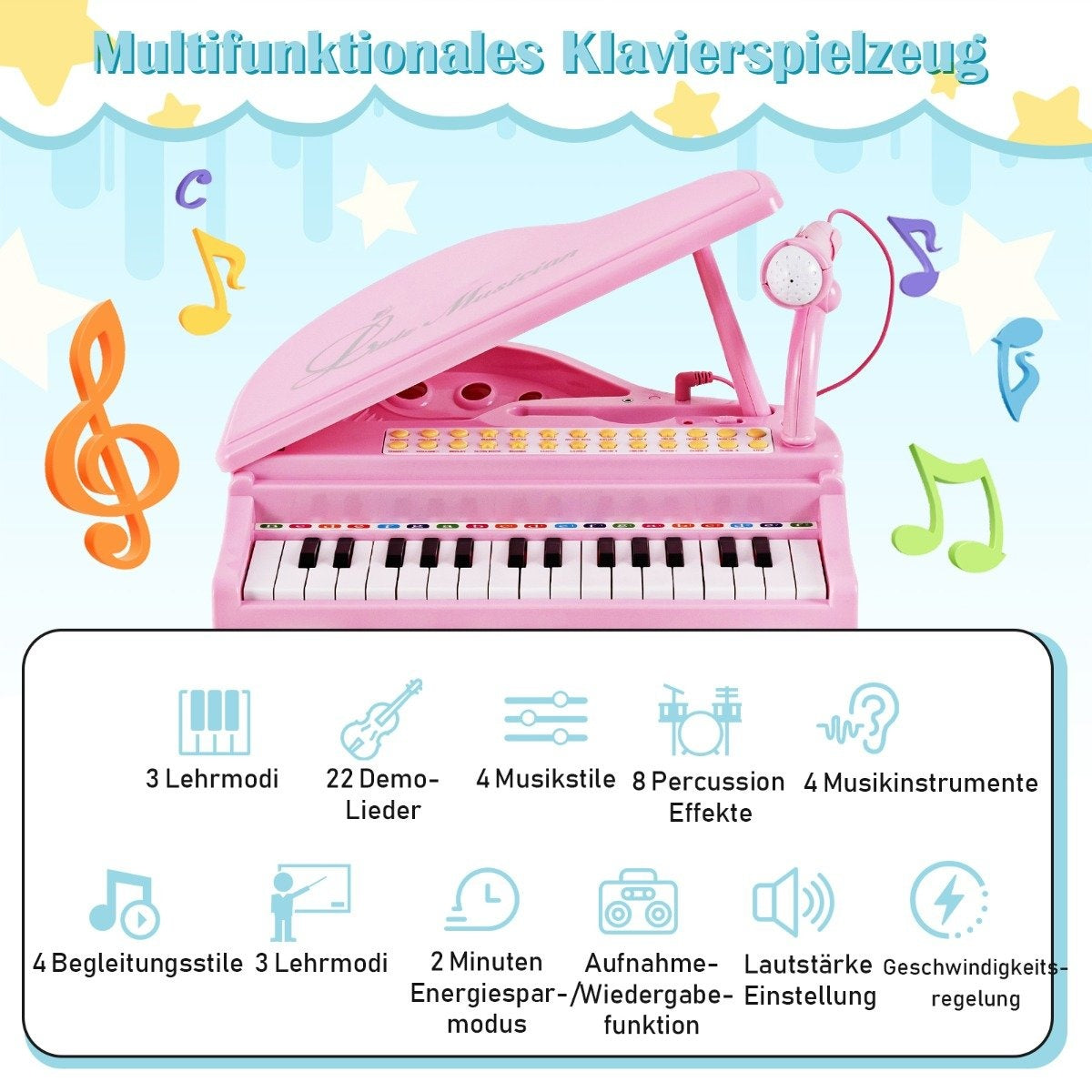 Un piano de juguete rosa con micrófono. Notas musicales lo rodean. Características: canciones demo, percusión, grabación.