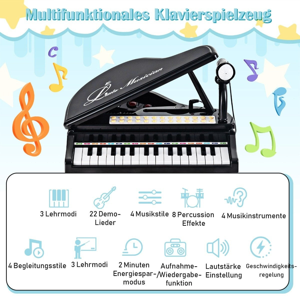 Un piano de juguete negro con un micrófono. Tiene teclas blancas, botones de colores y notas musicales.