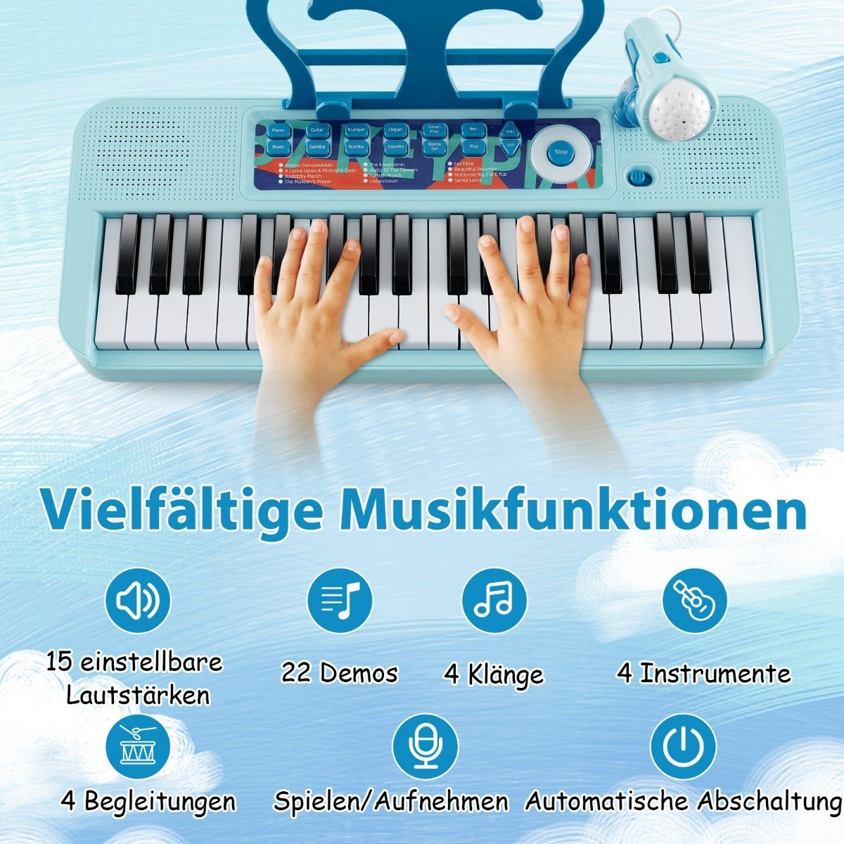 Manos de un niño tocan un piano de juguete azul con micrófono. El texto en alemán dice: 'Diversas funciones musicales'.