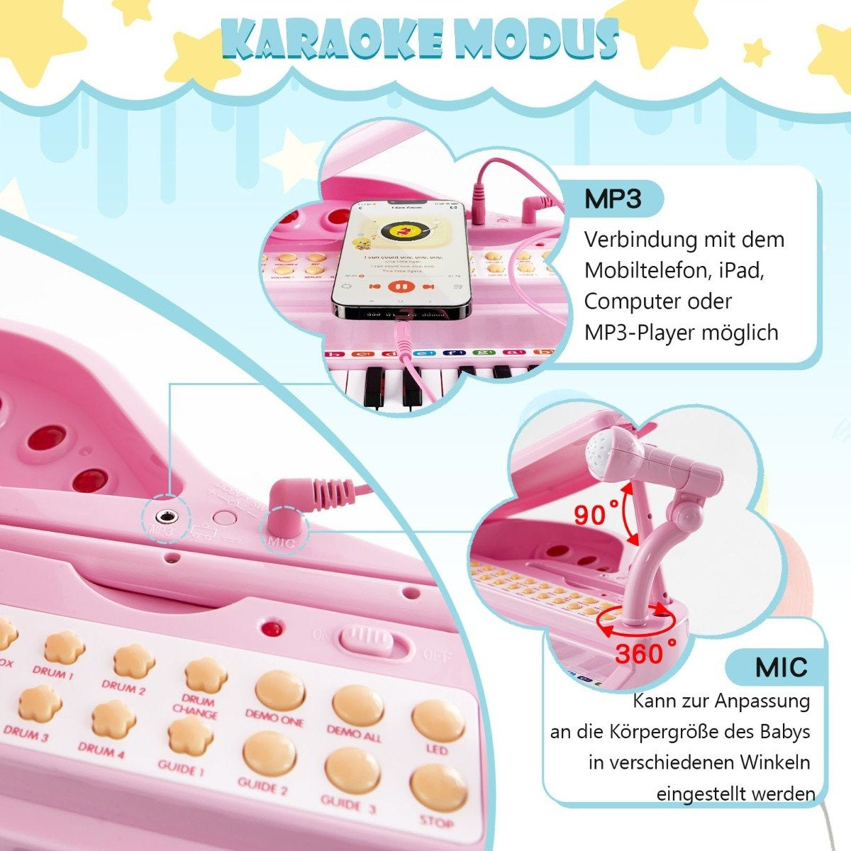 Un juguete de karaoke rosa con un teléfono inteligente, micrófono y botones. Tiene teclado, altavoces y lugar para el micrófono.