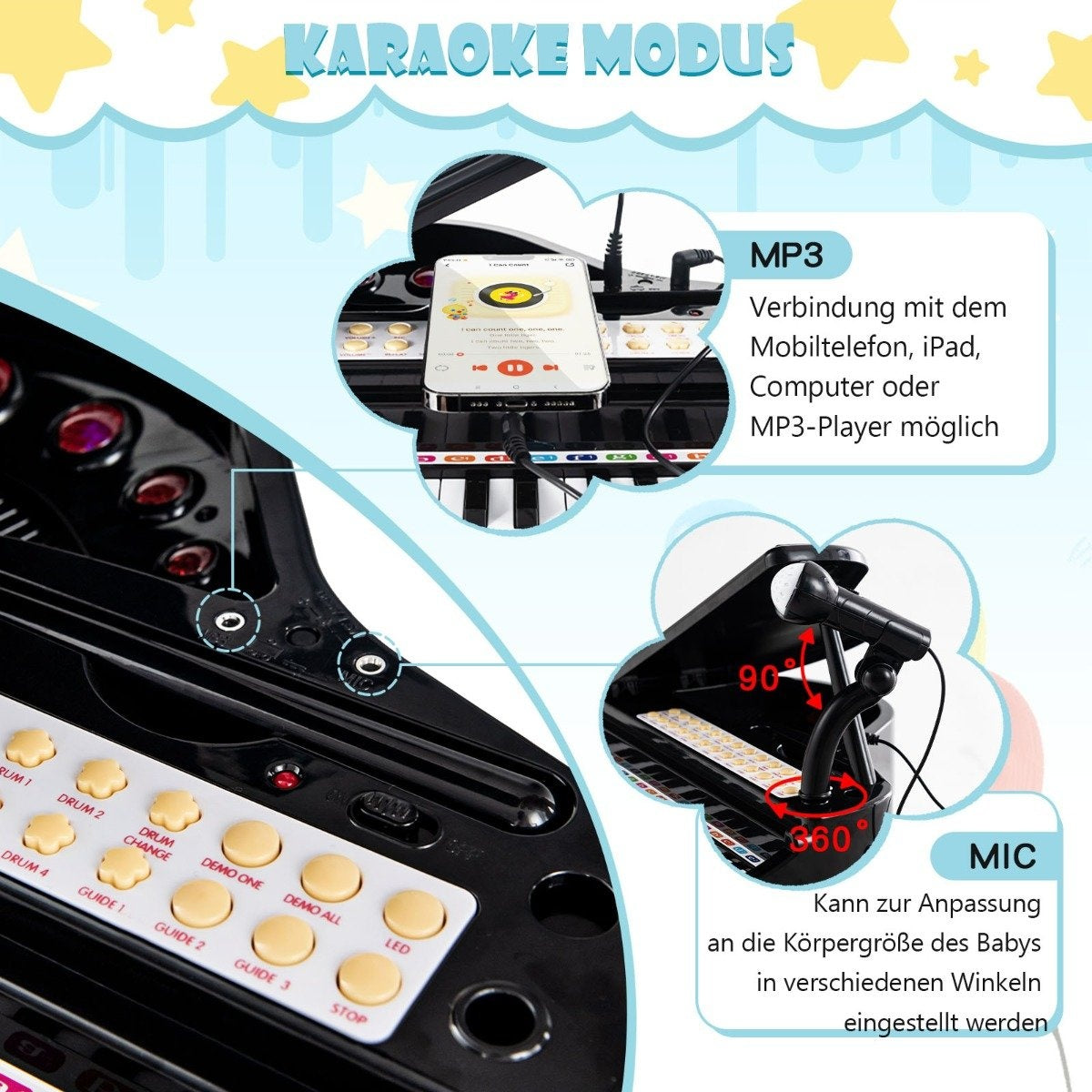 Primer plano de una máquina de karaoke, mostrando un micrófono, un teléfono con una aplicación de música y botones de control. Se incluyen etiquetas de texto.