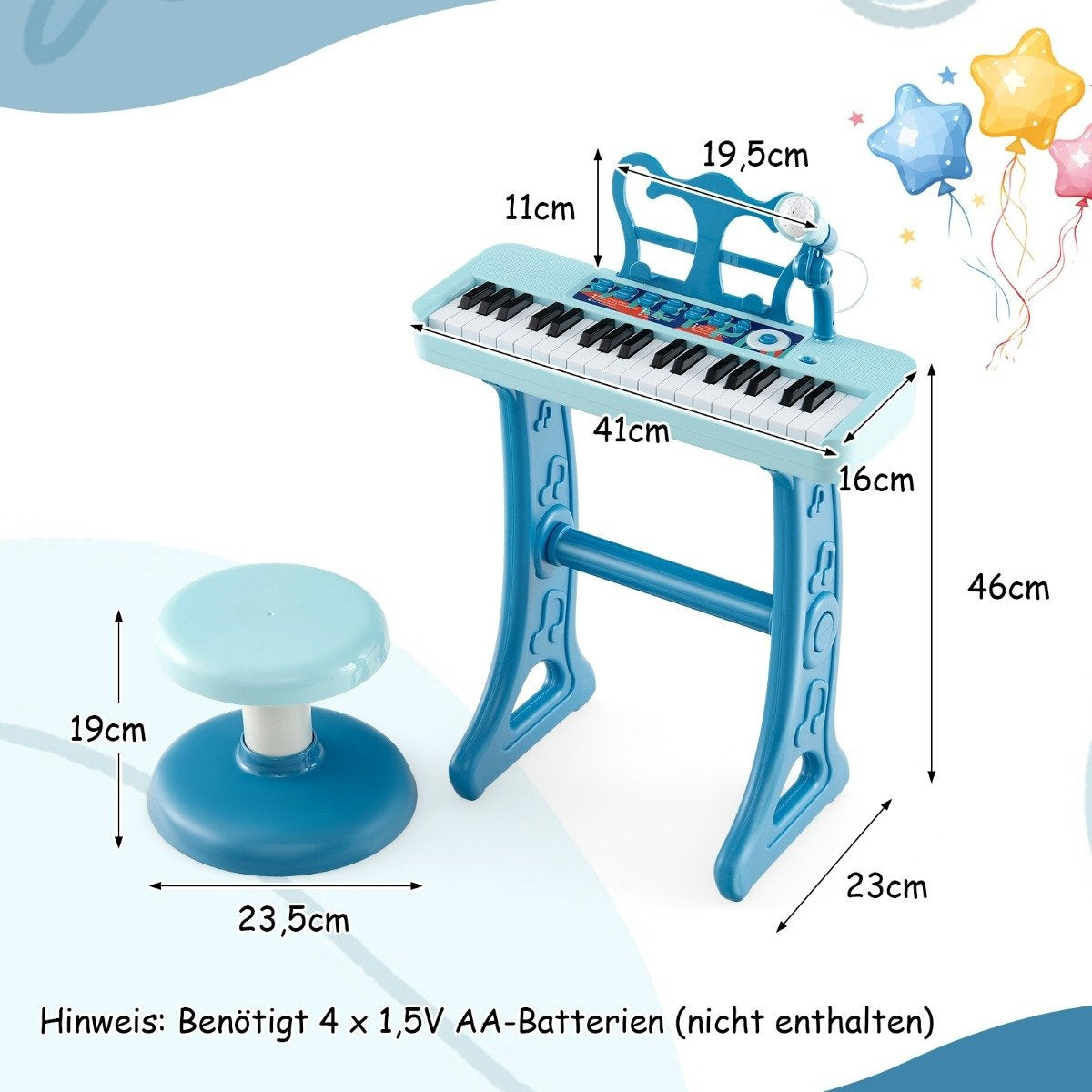 Un piano de juguete con taburete y micrófono. El piano es azul con teclas blancas y negras. Se muestran las dimensiones.