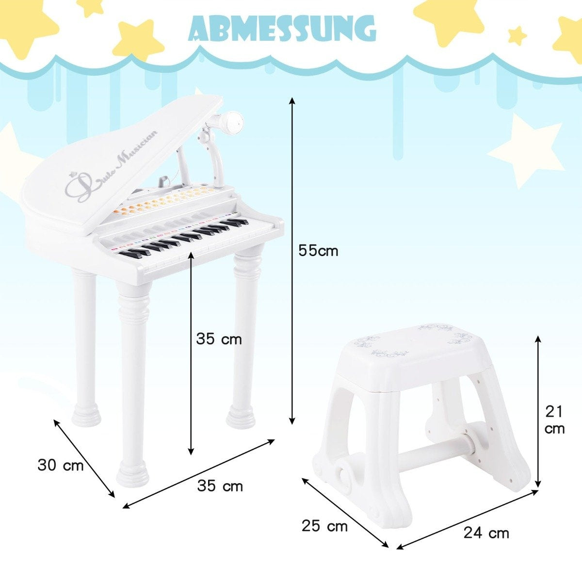 Piano de juguete blanco con taburete. Dimensiones: 55 cm alto, 35 cm ancho para el piano y 21 cm alto para el taburete.