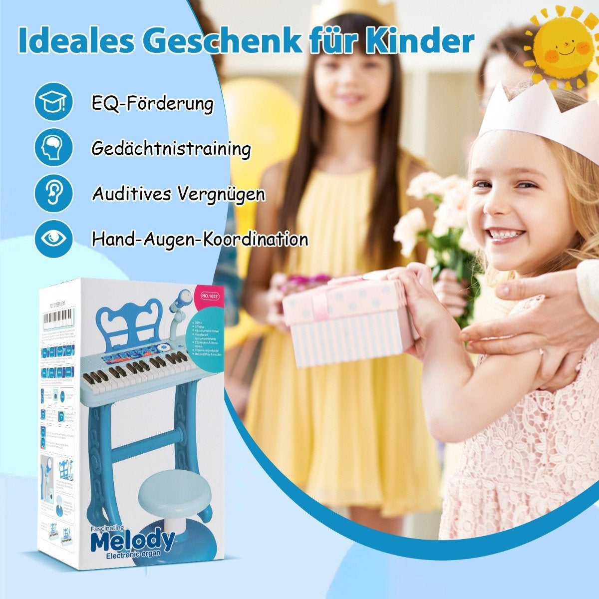 Una niña recibe un regalo, sonriendo. Un teclado de juguete en primer plano. Texto: Regalo ideal para niños.