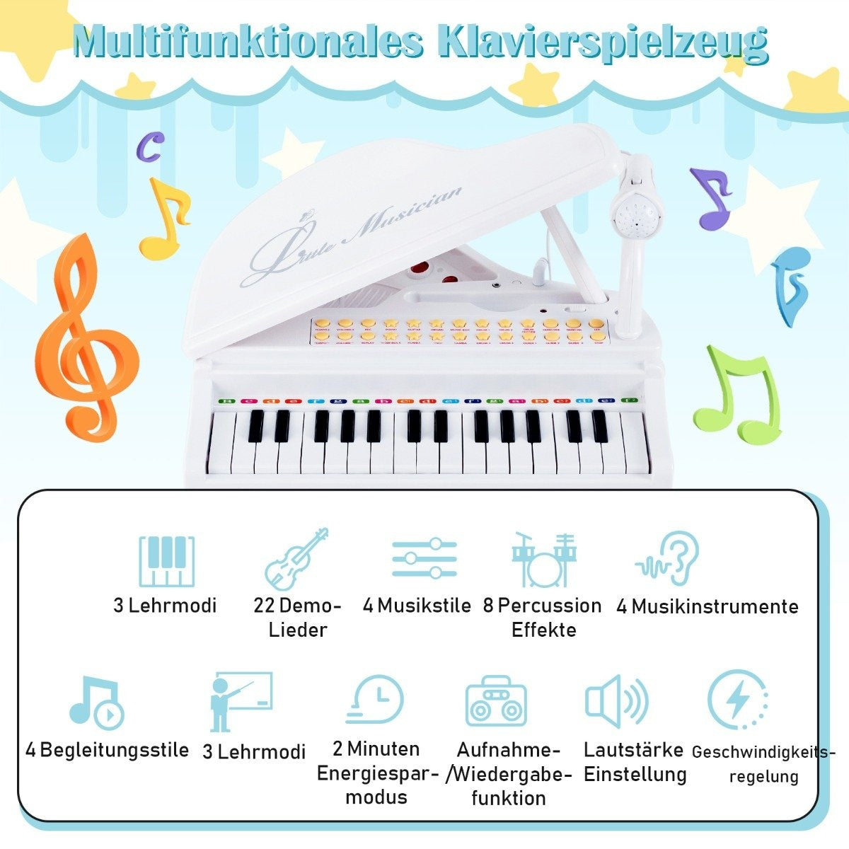 Se muestra un piano de juguete blanco con micrófono. Notas musicales coloridas rodean el instrumento. El texto describe las funciones.